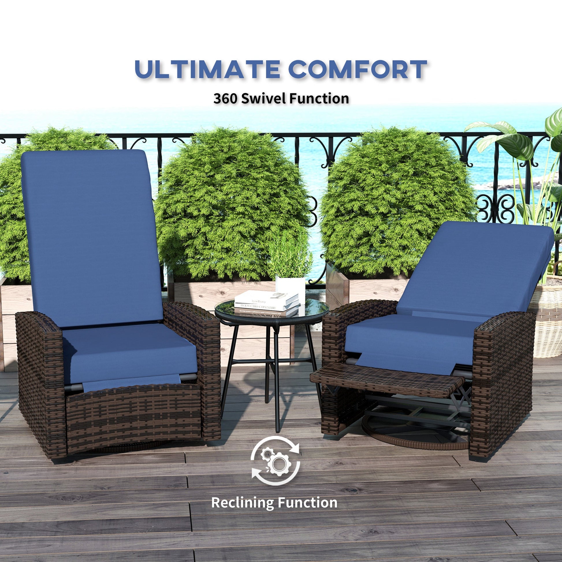 PE Rattan Outdoor Swivel Chair with 360° Swivel, Wicker Patio Chair with Footrest, Soft Cushion and Armrest for Patio, Garden, Backyard, Dark Blue