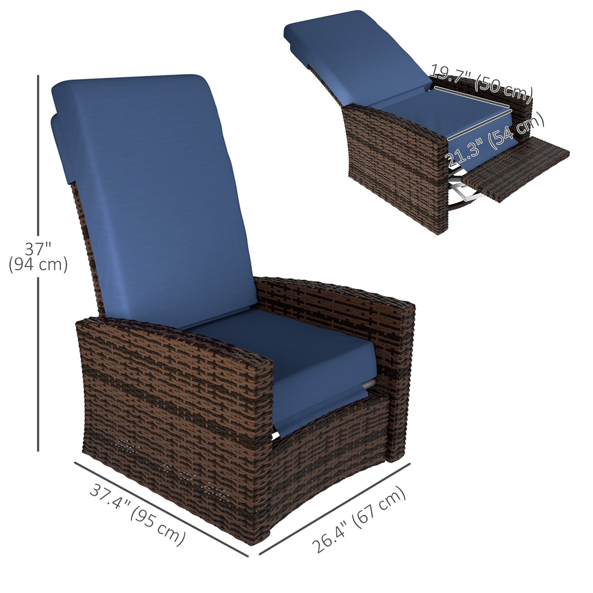 PE Rattan Outdoor Swivel Chair with 360° Swivel, Wicker Patio Chair with Footrest, Soft Cushion and Armrest for Patio, Garden, Backyard, Dark Blue