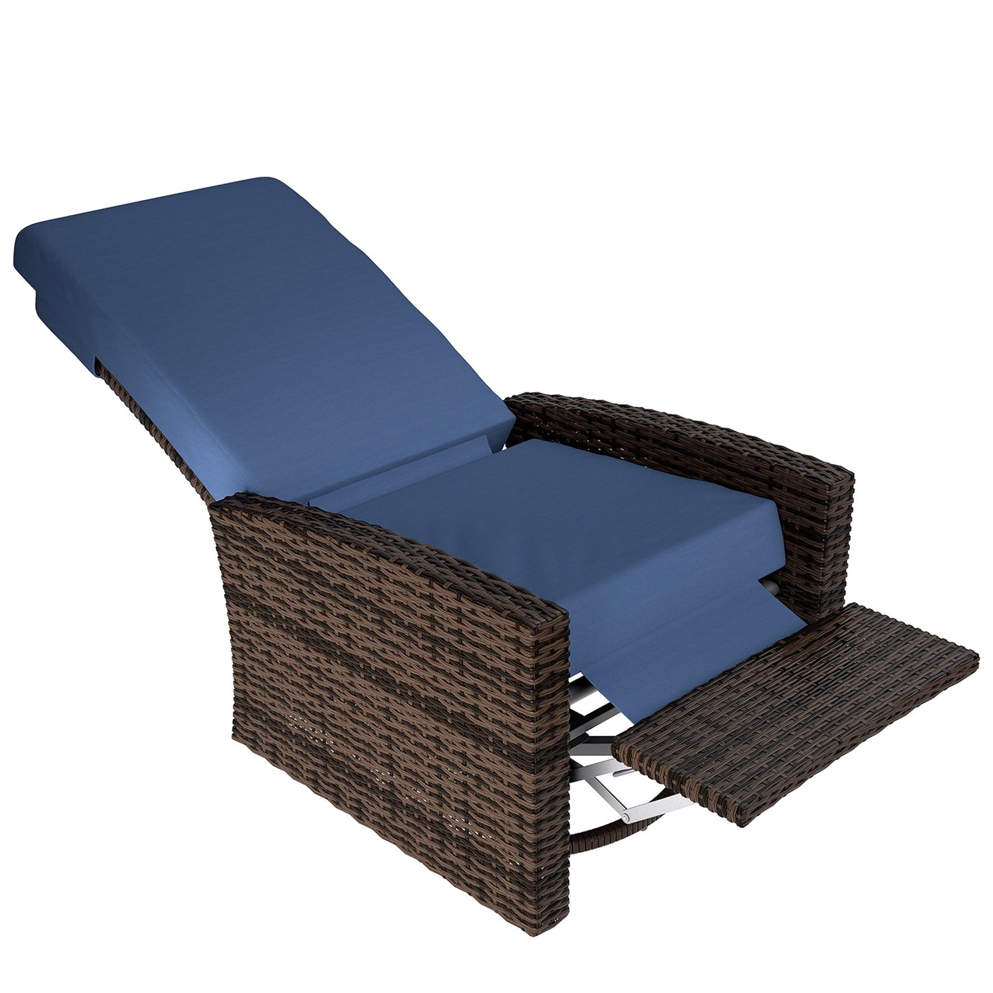 PE Rattan Outdoor Swivel Chair with 360° Swivel, Wicker Patio Chair with Footrest, Soft Cushion and Armrest for Patio, Garden, Backyard, Dark Blue