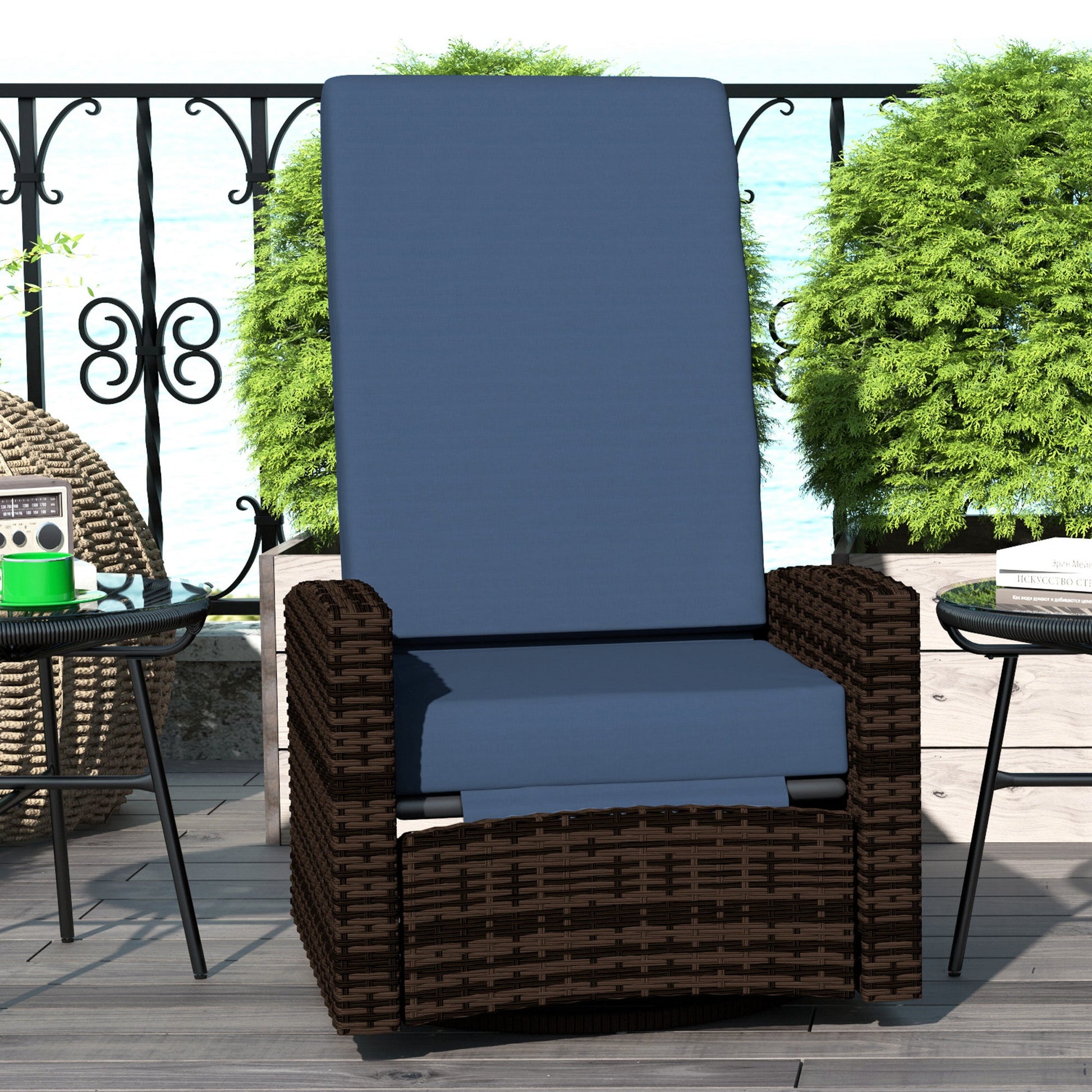 PE Rattan Outdoor Swivel Chair with 360° Swivel, Wicker Patio Chair with Footrest, Soft Cushion and Armrest for Patio, Garden, Backyard, Dark Blue