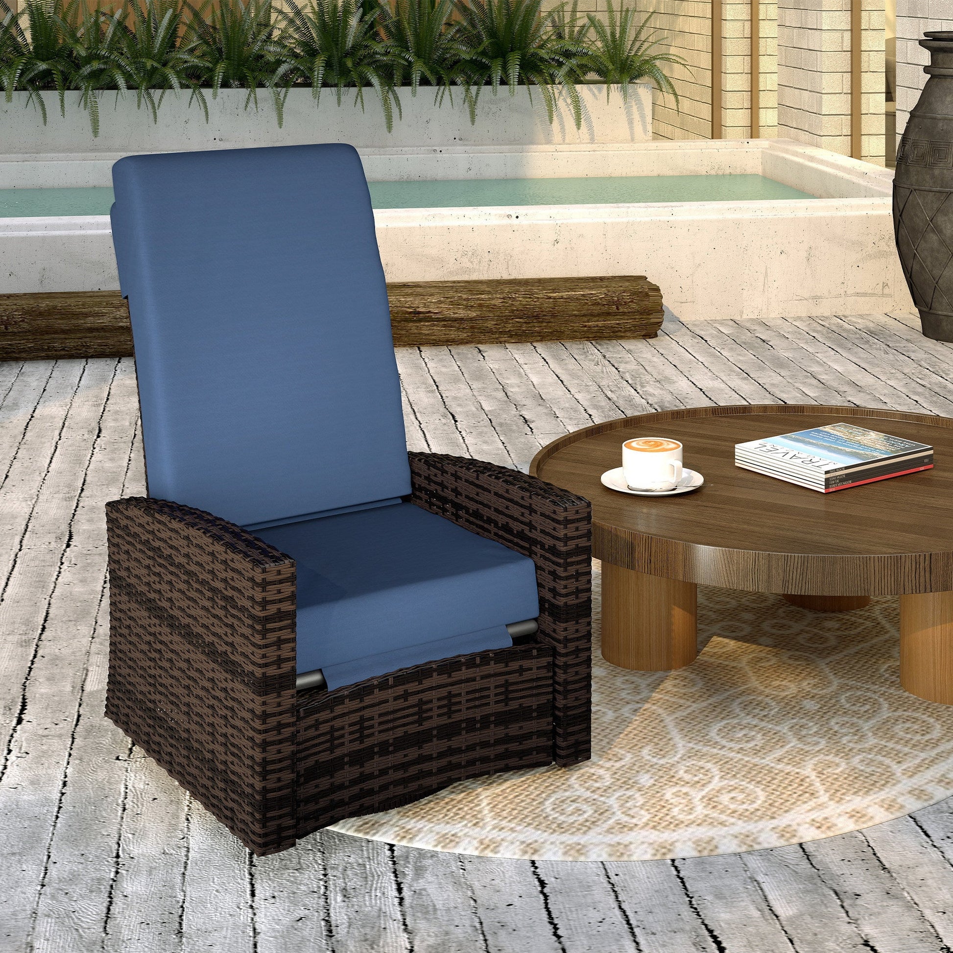 PE Rattan Outdoor Swivel Chair with 360° Swivel, Wicker Patio Chair with Footrest, Soft Cushion and Armrest for Patio, Garden, Backyard, Dark Blue