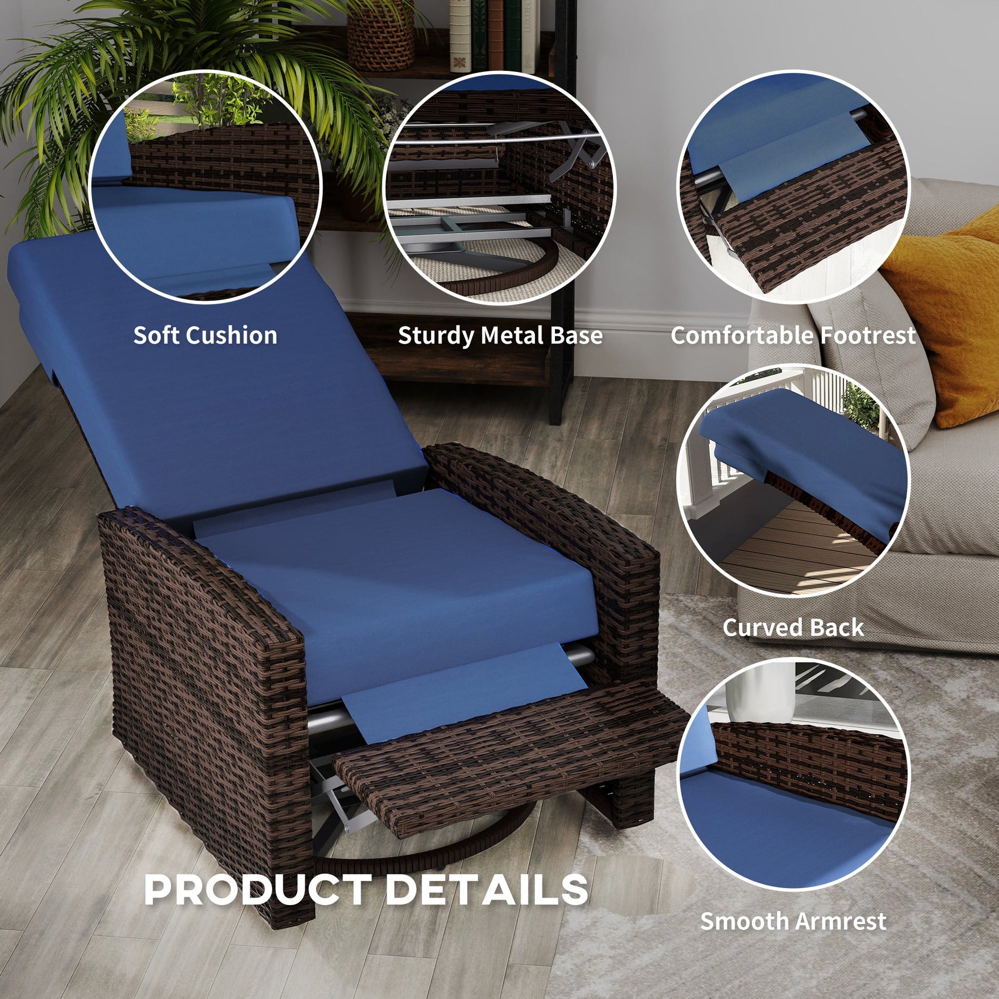 PE Rattan Outdoor Swivel Chair with 360° Swivel, Wicker Patio Chair with Footrest, Soft Cushion and Armrest for Patio, Garden, Backyard, Dark Blue