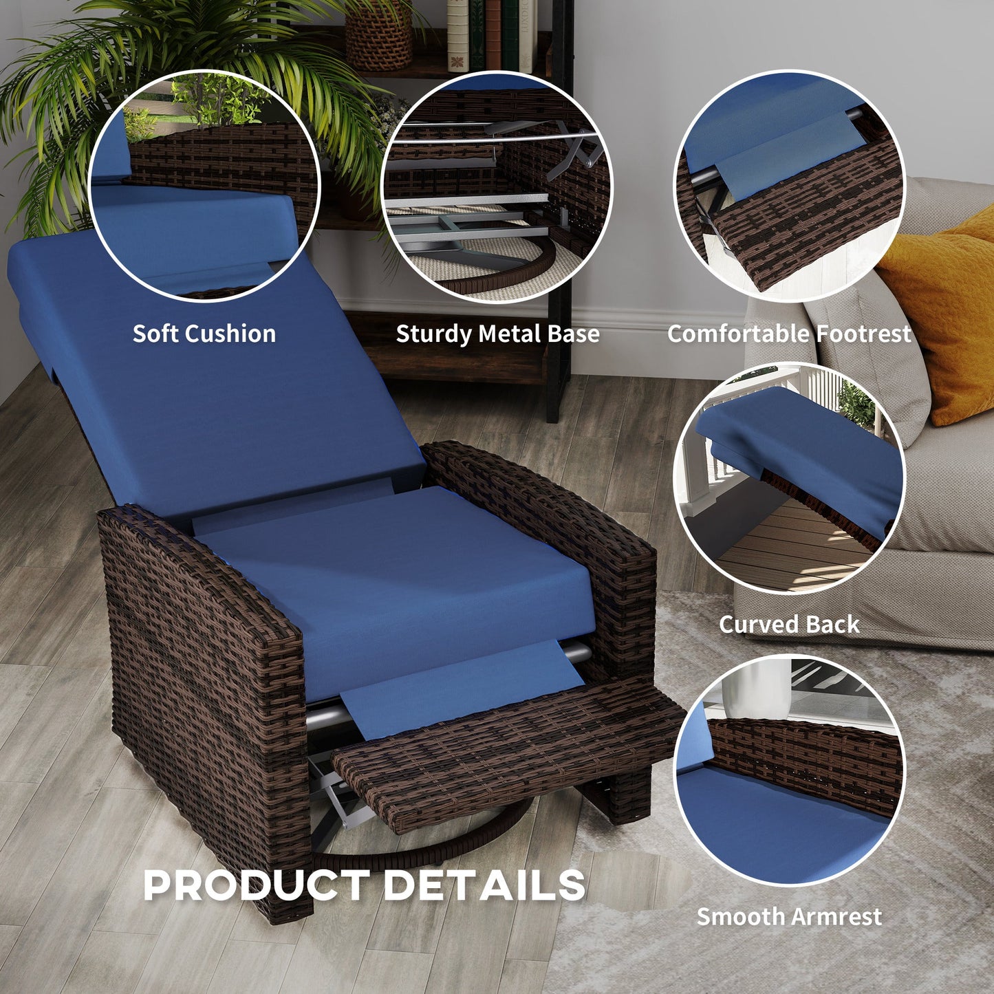 PE Rattan Outdoor Swivel Chair with 360° Swivel, Wicker Patio Chair with Footrest, Soft Cushion and Armrest for Patio, Garden, Backyard, Dark Blue