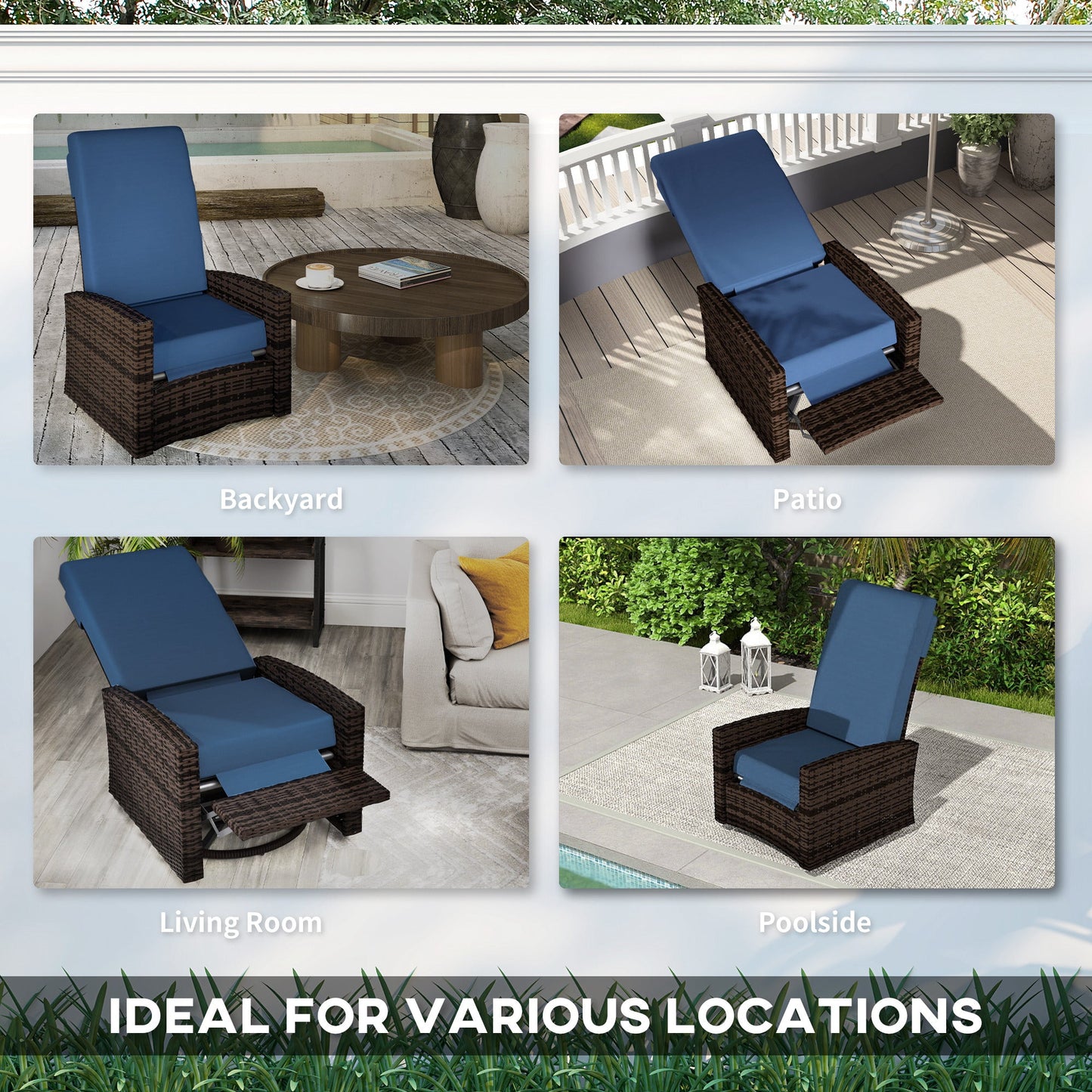 PE Rattan Outdoor Swivel Chair with 360° Swivel, Wicker Patio Chair with Footrest, Soft Cushion and Armrest for Patio, Garden, Backyard, Dark Blue