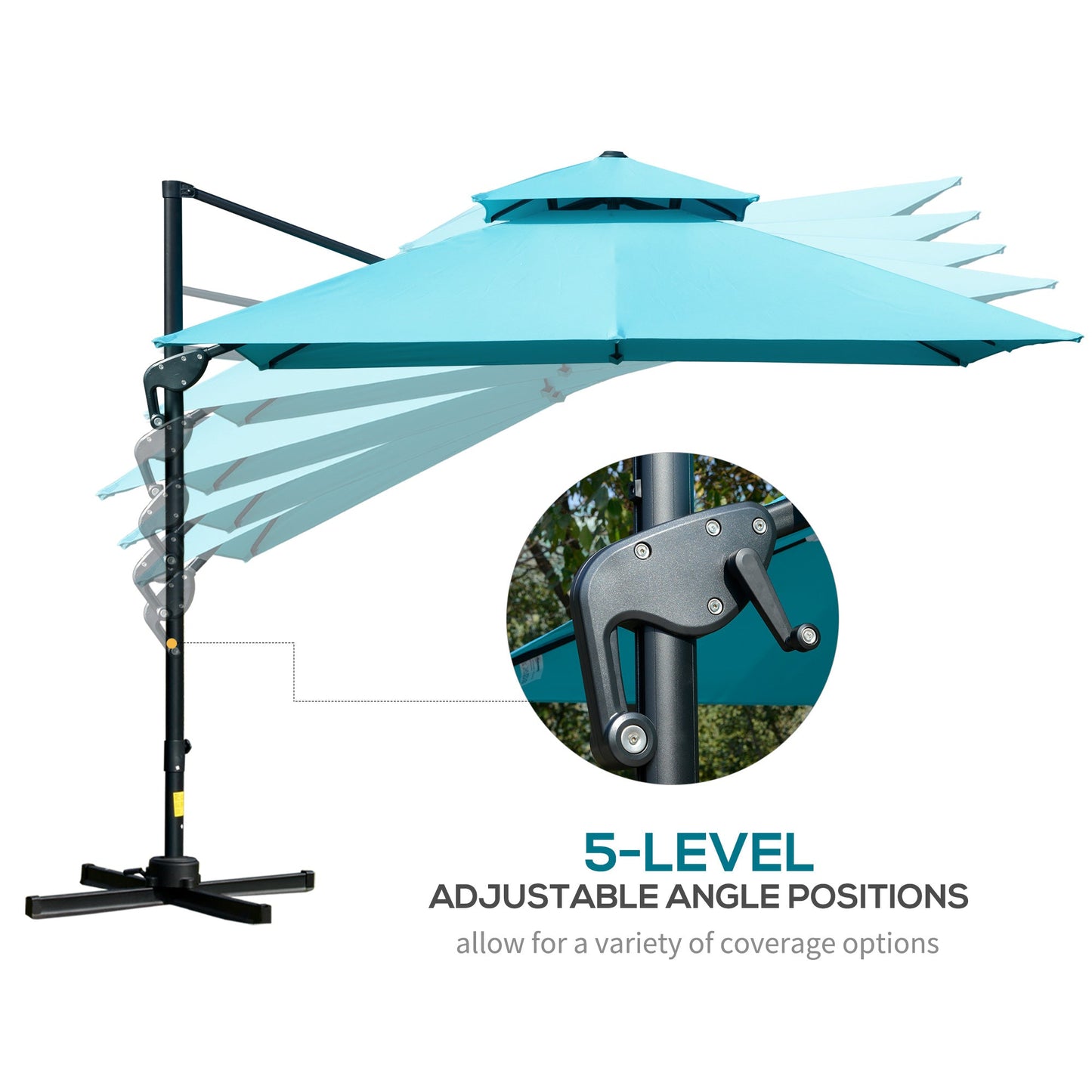 10' x 10' Cantilever Patio Umbrella, Double Top Square Offset Umbrella with 360° Rotation, 5 Adjustable Tilt Angles, Umbrella Cover, Aluminum Pole and Ribs, Light Blue