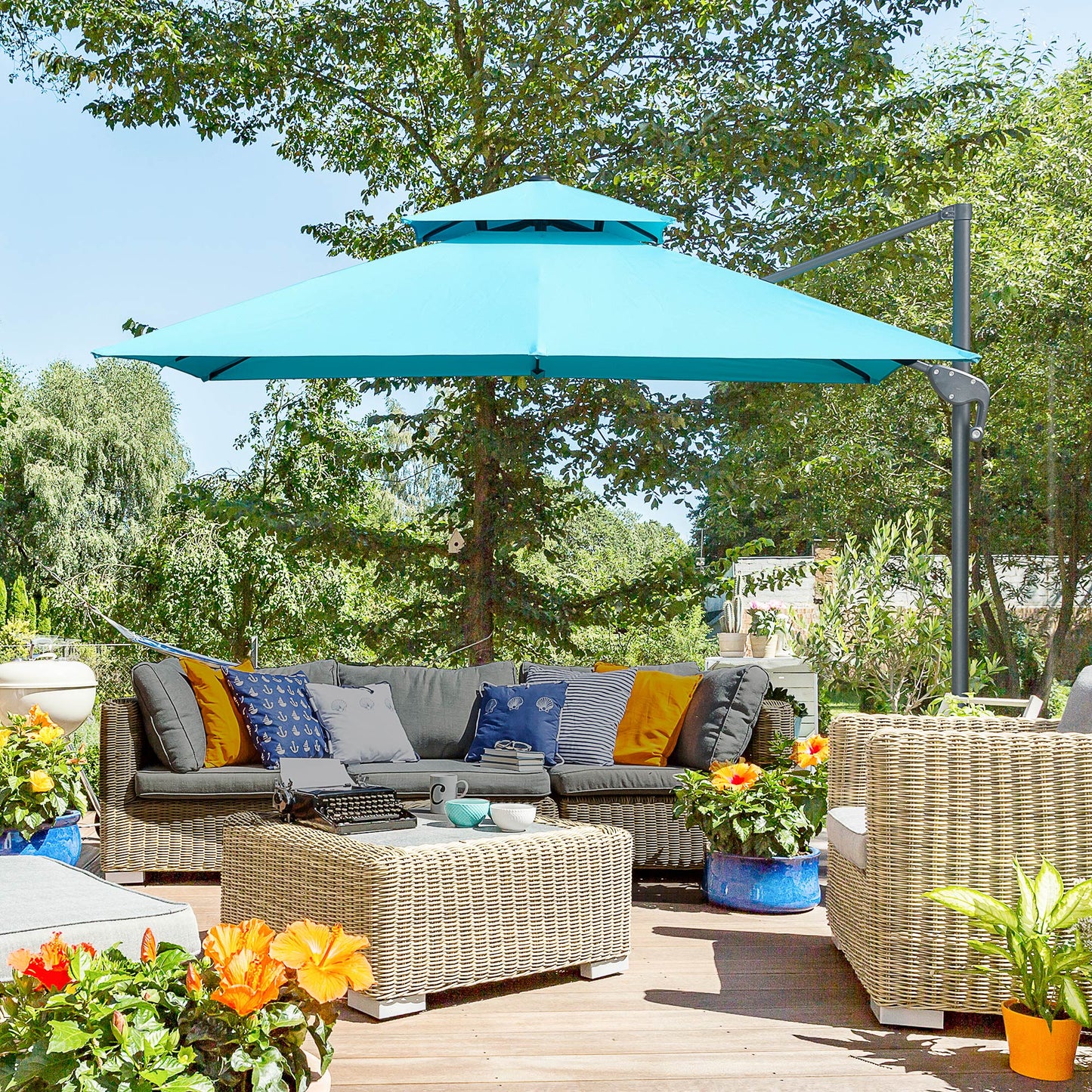 10' x 10' Cantilever Patio Umbrella, Double Top Square Offset Umbrella with 360° Rotation, 5 Adjustable Tilt Angles, Umbrella Cover, Aluminum Pole and Ribs, Light Blue