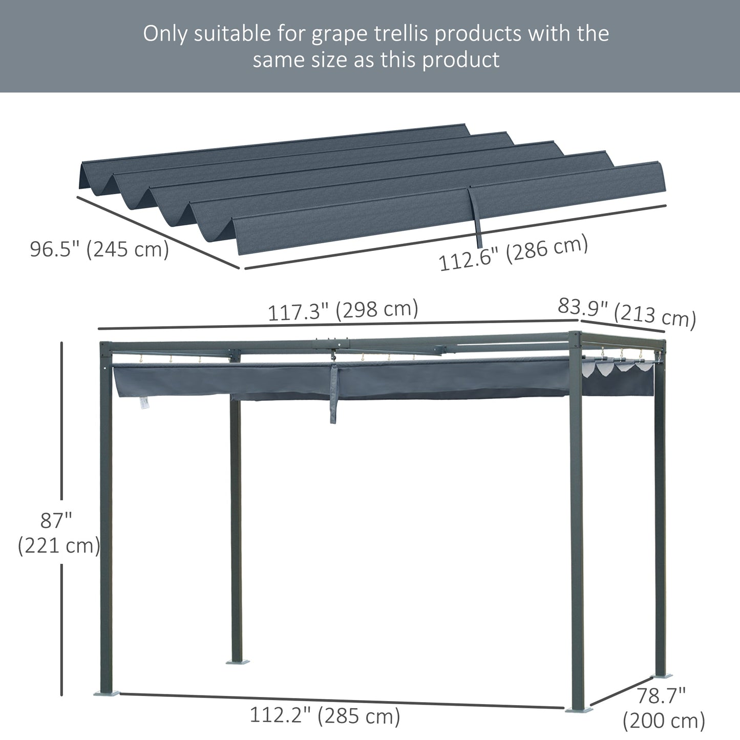 Retractable Pergola Canopy, Sun Shade Cover, UV30+ Protected Replacement Canopy Fabric for 9.8' x 7.1' Pergola, Dark Grey