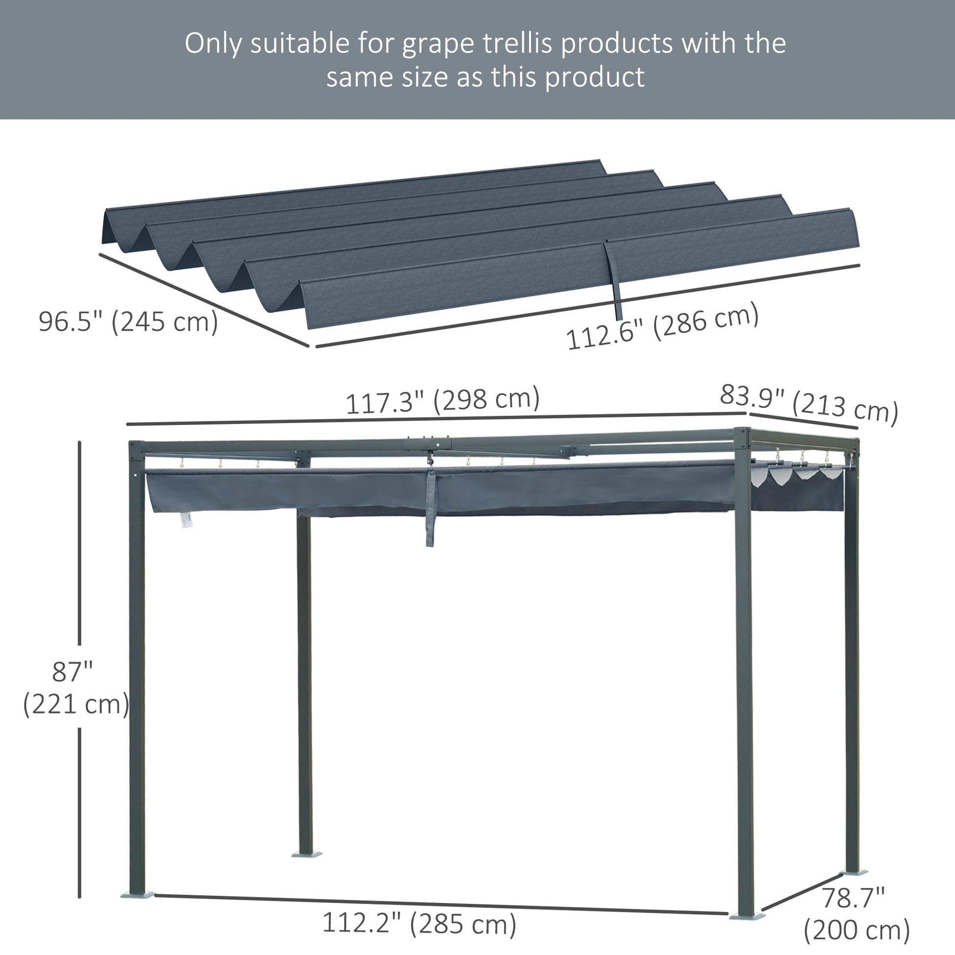 Retractable Pergola Canopy, Sun Shade Cover, UV30+ Protected Replacement Canopy Fabric for 9.8' x 7.1' Pergola, Dark Grey