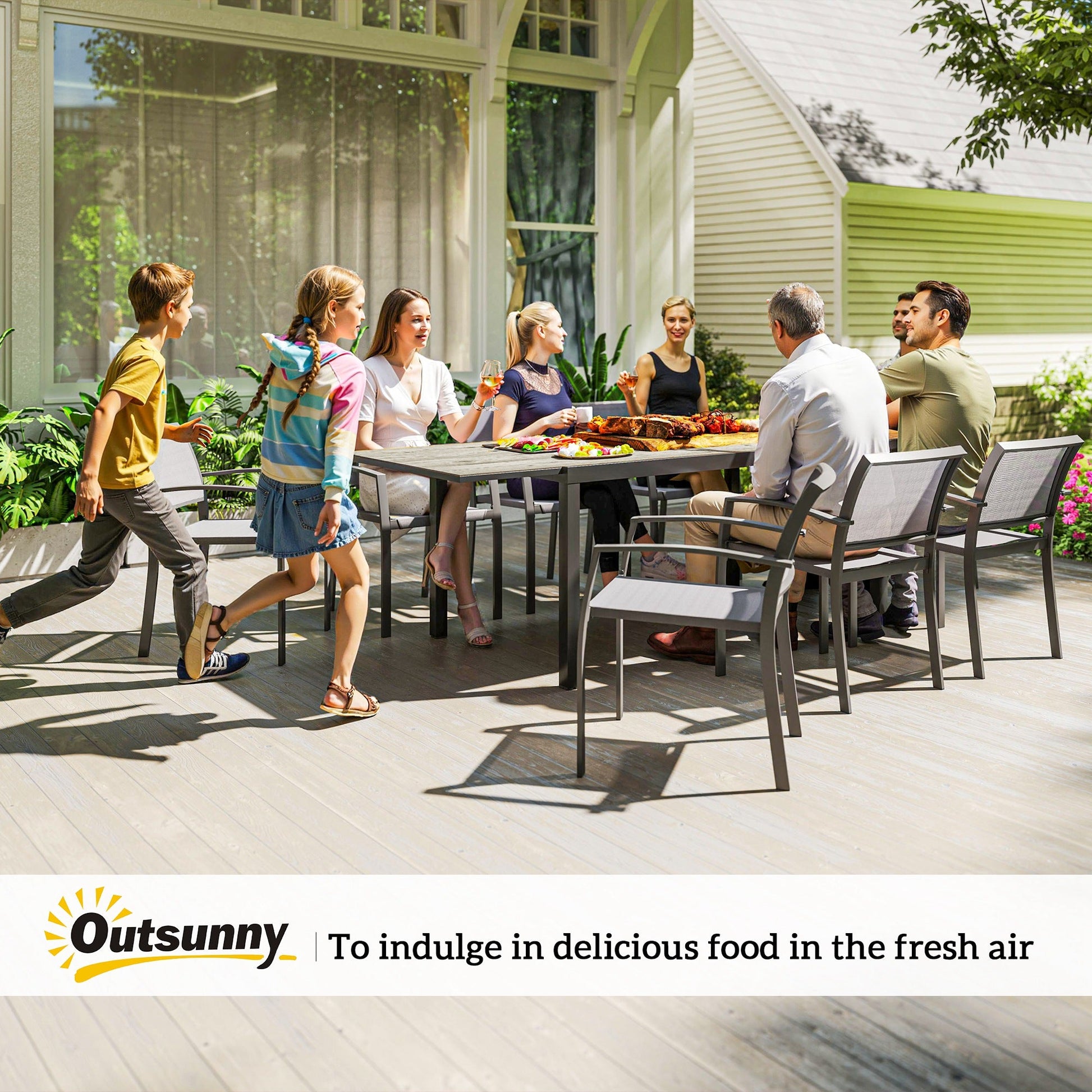 Extendable Patio Dining Table, 63"-94.5" Adjustable Outdoor Dining Table for 6-8 Person, Rectangular Table with Aluminium Edging, Steel Frame, for Porch, Deck, Garden
