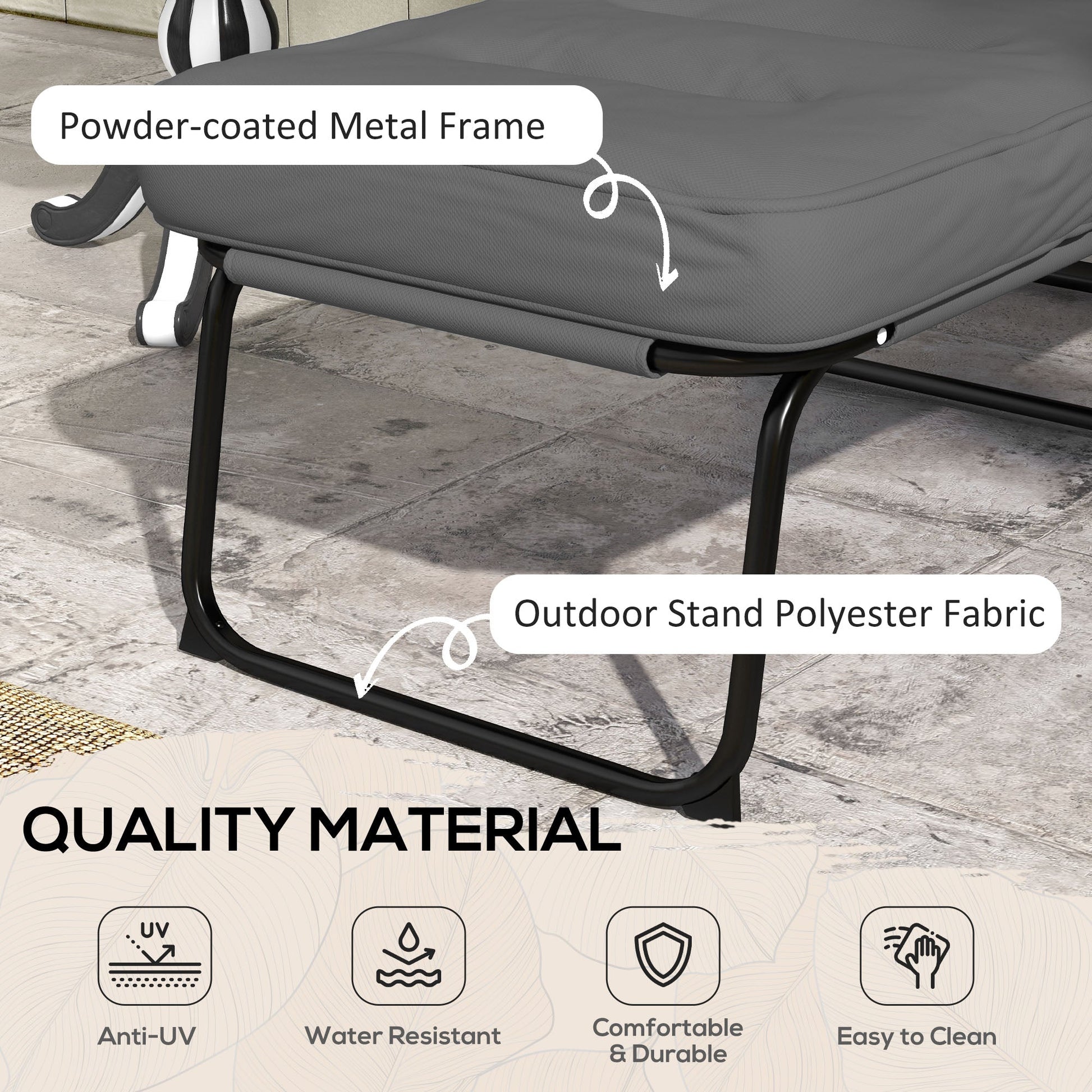 Outdoor Lounge Chair with Padded Cushion, Folding Reclining Patio Garden Chair with Recline Back, Footrest, for Poolside, Patio, Light Grey