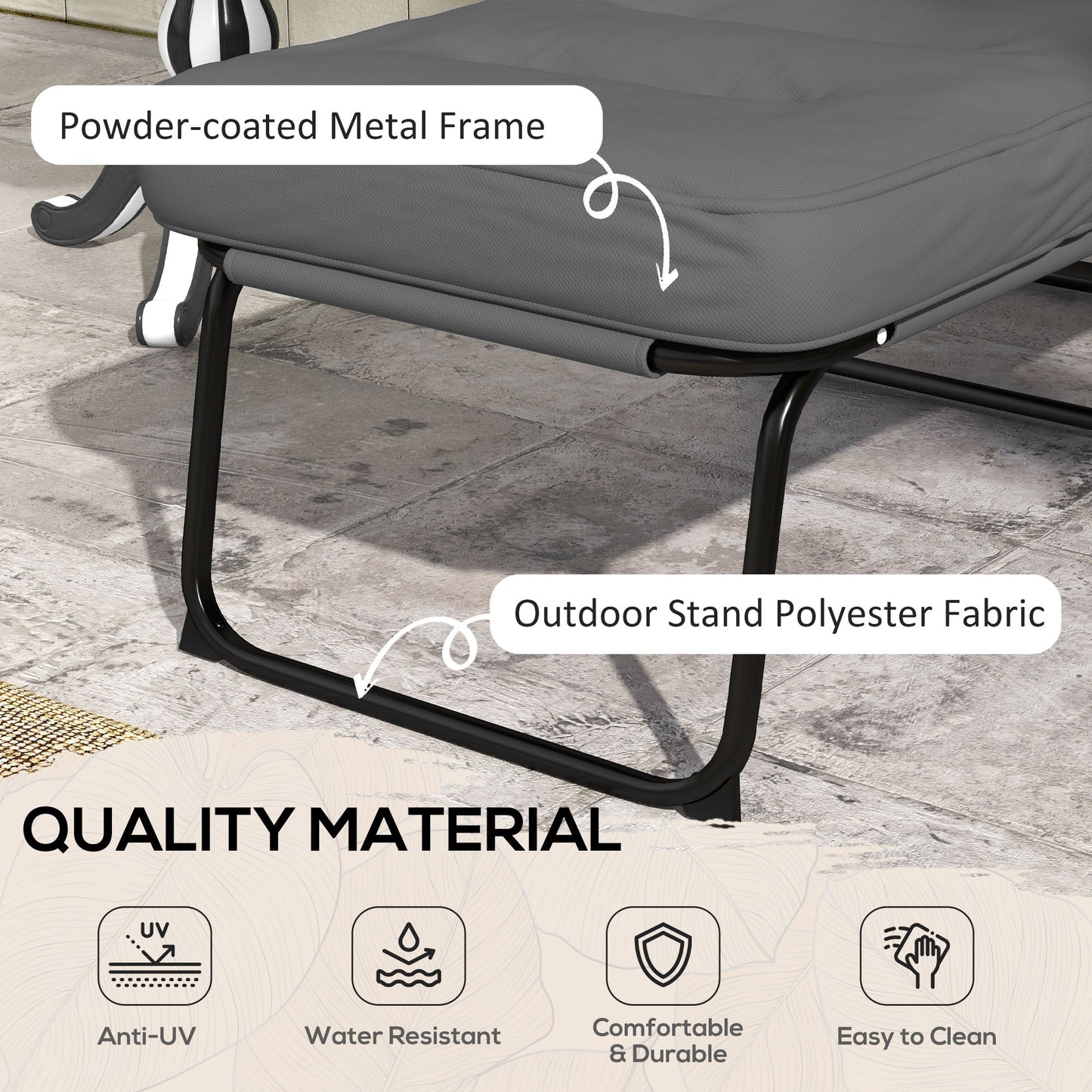 Outdoor Lounge Chair with Padded Cushion, Folding Reclining Patio Garden Chair with Recline Back, Footrest, for Poolside, Patio, Light Grey