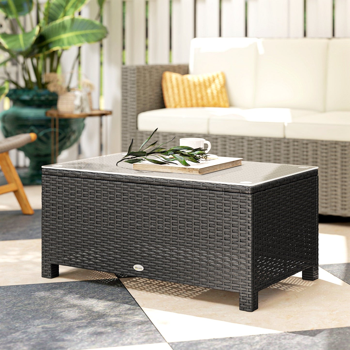 Rattan Coffee Table, Patio Side Table, Hand-woven Wicker Furniture with Tempered Glass Top Outdoor Garden Patio, Dark Grey