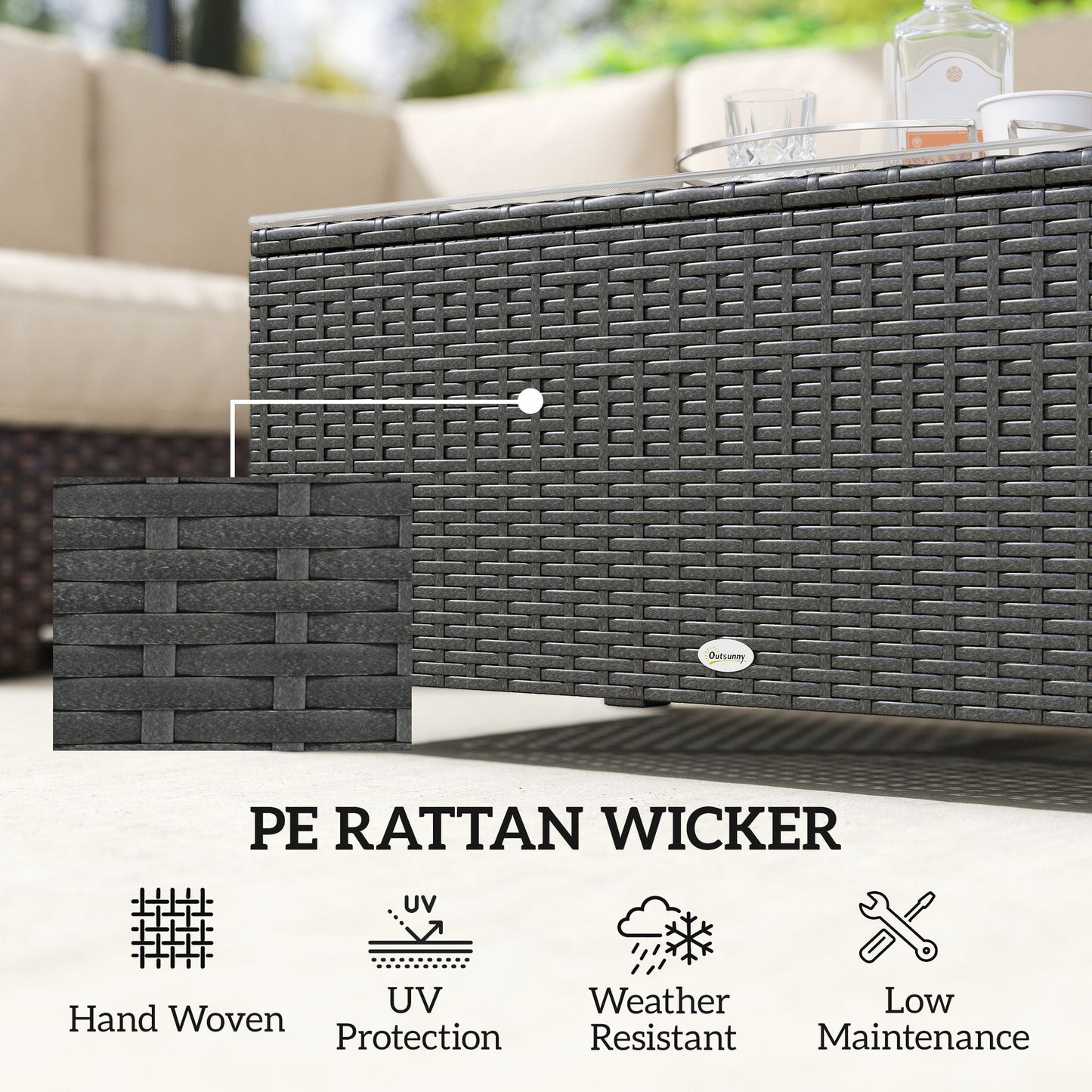 Rattan Coffee Table, Patio Side Table, Hand-woven Wicker Furniture with Tempered Glass Top Outdoor Garden Patio, Dark Grey
