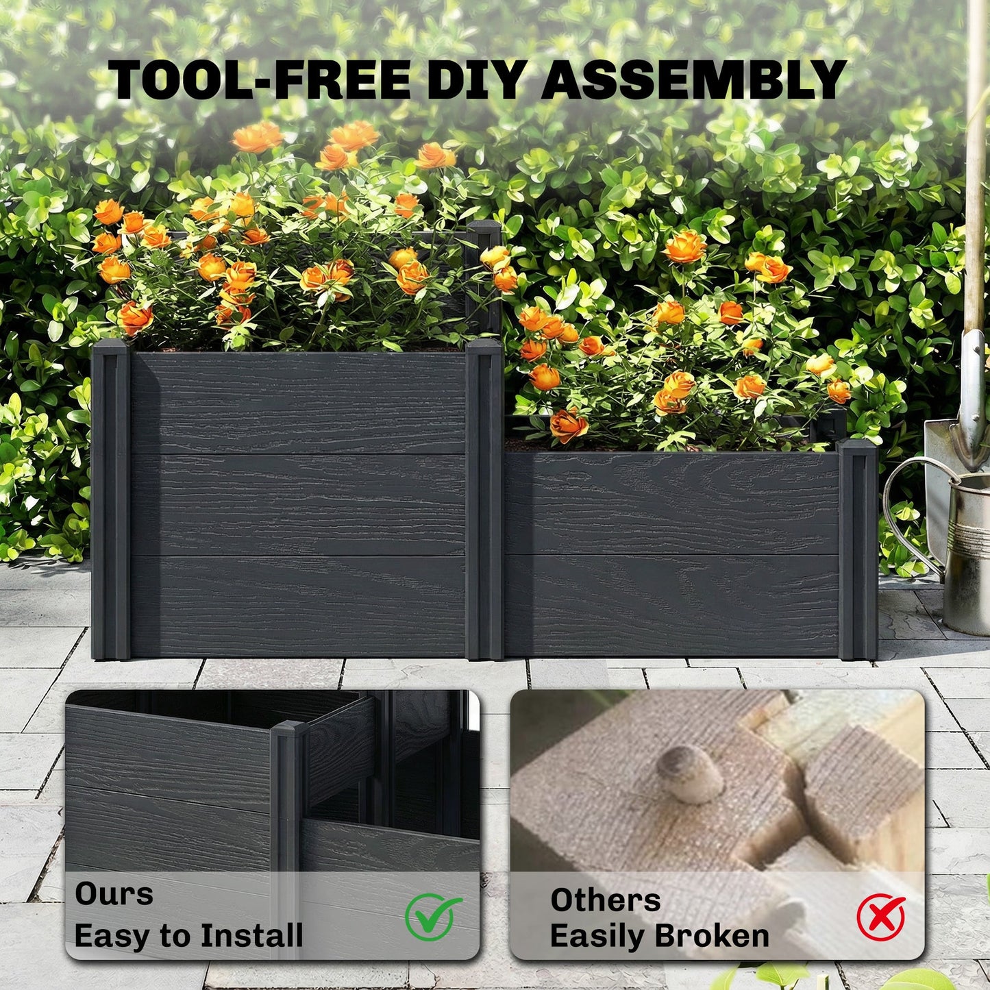 Vinyl Raised Garden Bed Kit, 3-Tier Elevated Garden Box with Open Bottom, Outdoor Raised Planter Box for Flowers, Herbs, Vegetables, DIY Assembly, Grey Wood Effect
