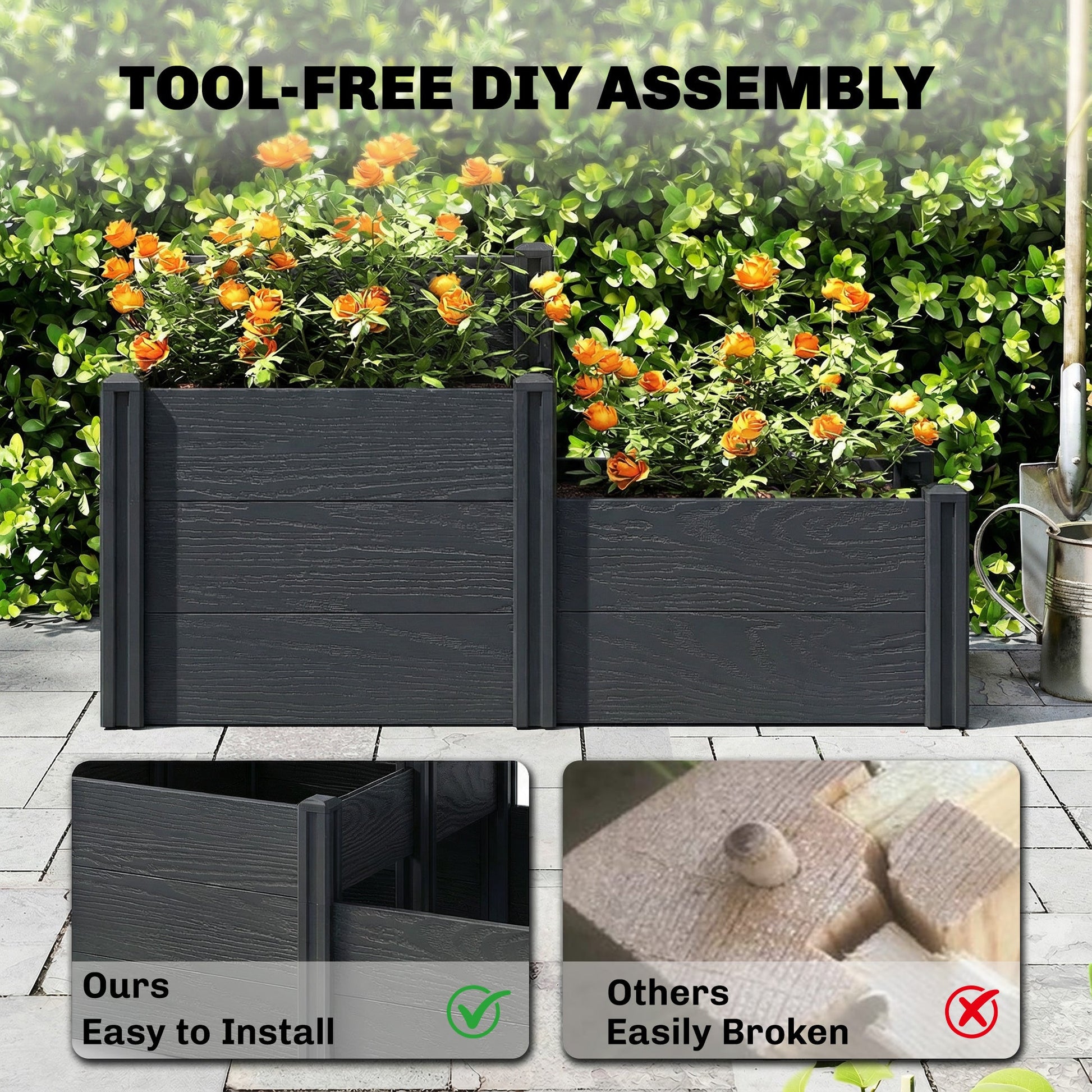 Vinyl Raised Garden Bed Kit, 3-Tier Elevated Garden Box with Open Bottom, Outdoor Raised Planter Box for Flowers, Herbs, Vegetables, DIY Assembly, Grey Wood Effect