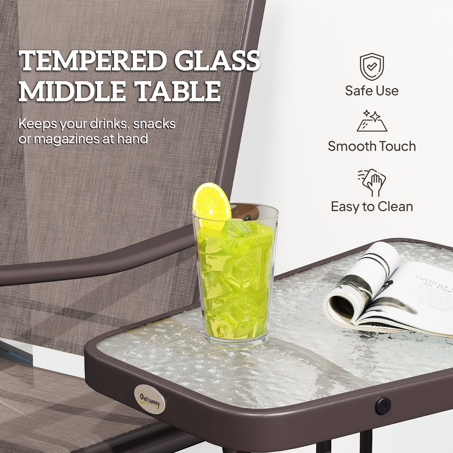 Double Patio Glider Chair with Glass Top Center Table, Outdoor Glider Loveseat with High Back,  All Weather Breathable Mesh Fabric for Garden, Backyard, Deck, Brown