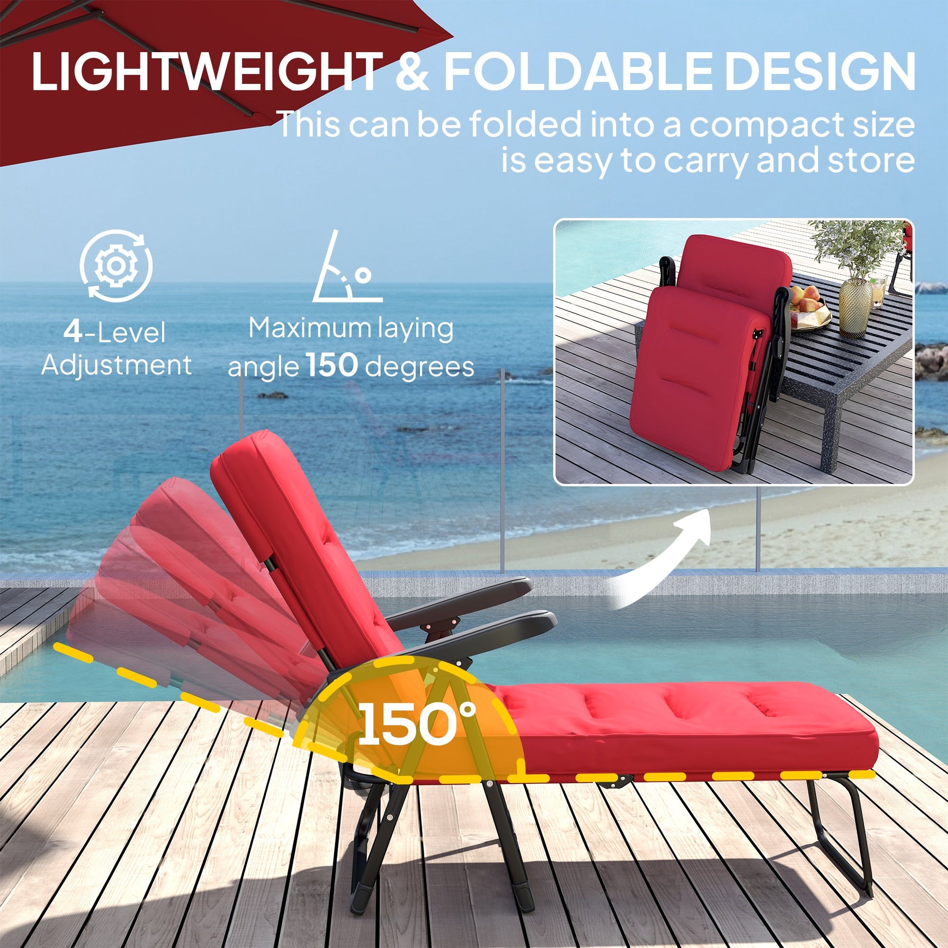 Outdoor Lounge Chair with Padded Cushion, Folding Reclining Patio Garden Chair with Recline Back, Footrest, for Poolside, Patio, Wine Red