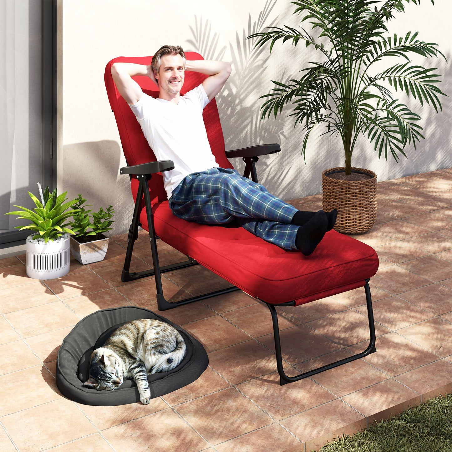 Outdoor Lounge Chair with Padded Cushion, Folding Reclining Patio Garden Chair with Recline Back, Footrest, for Poolside, Patio, Wine Red