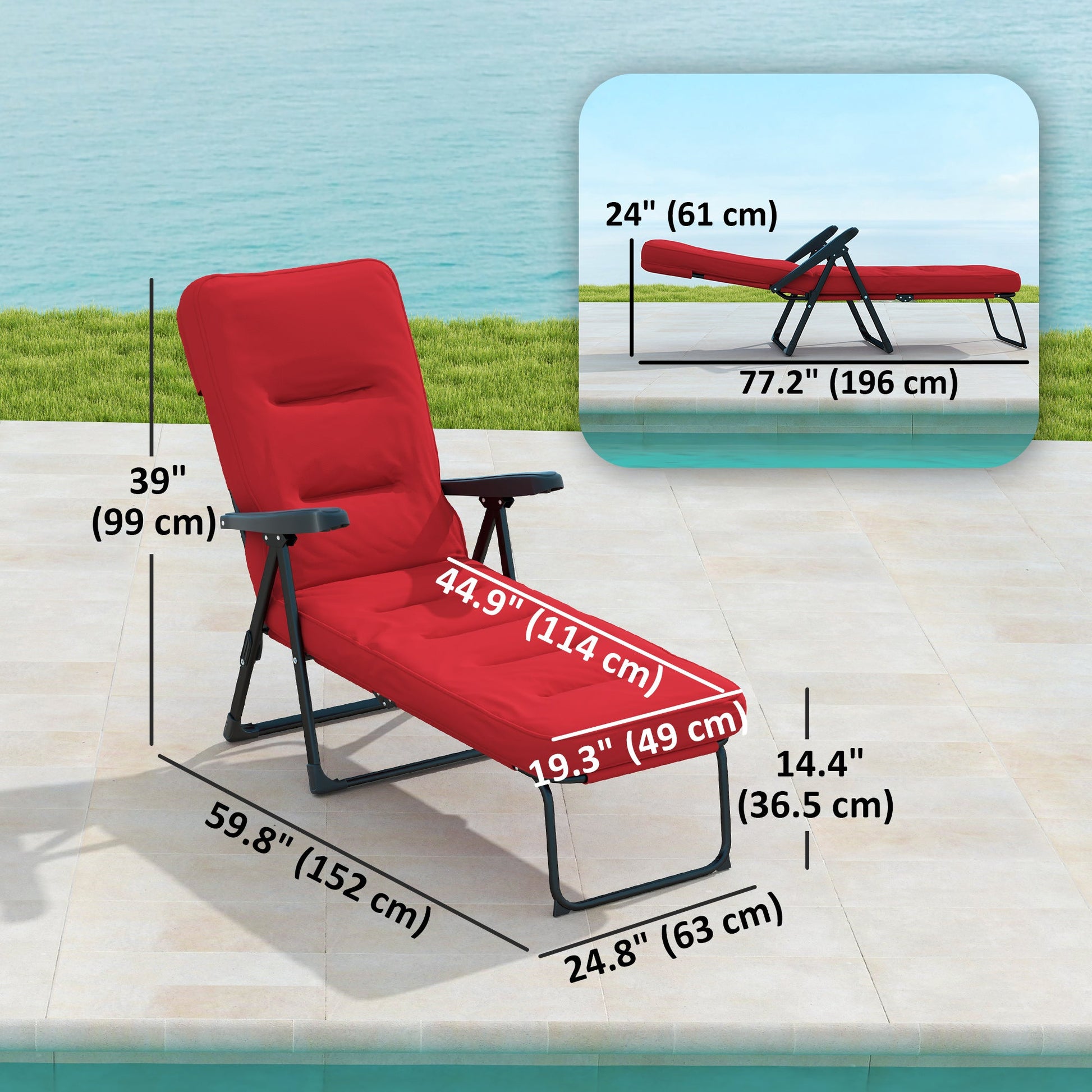 Outdoor Lounge Chair with Padded Cushion, Folding Reclining Patio Garden Chair with Recline Back, Footrest, for Poolside, Patio, Wine Red