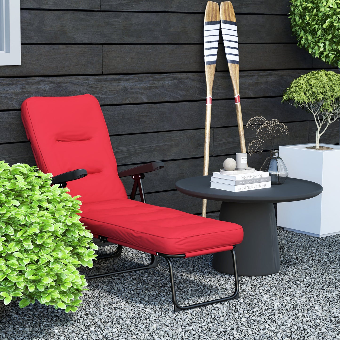 Outdoor Lounge Chair with Padded Cushion, Folding Reclining Patio Garden Chair with Recline Back, Footrest, for Poolside, Patio, Wine Red