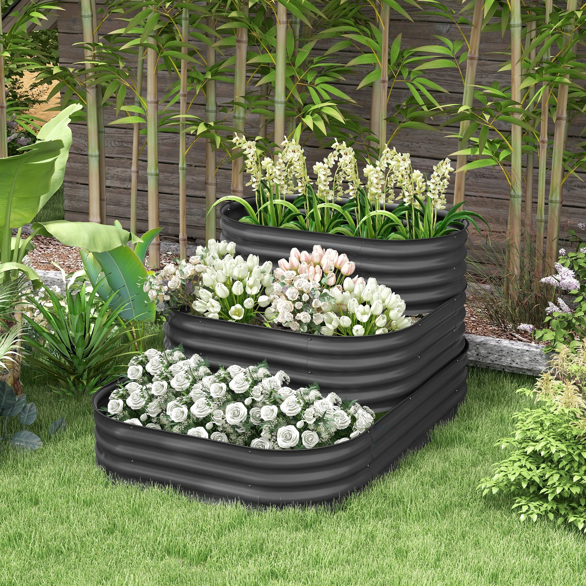 3-Tier Raised Garden Bed Kit, 5.2x3.6x2.7ft Outdoor Galvanized Planter Box with Safety Edging for Vegetables, Flowers, Fruits and Herbs, Dark Grey