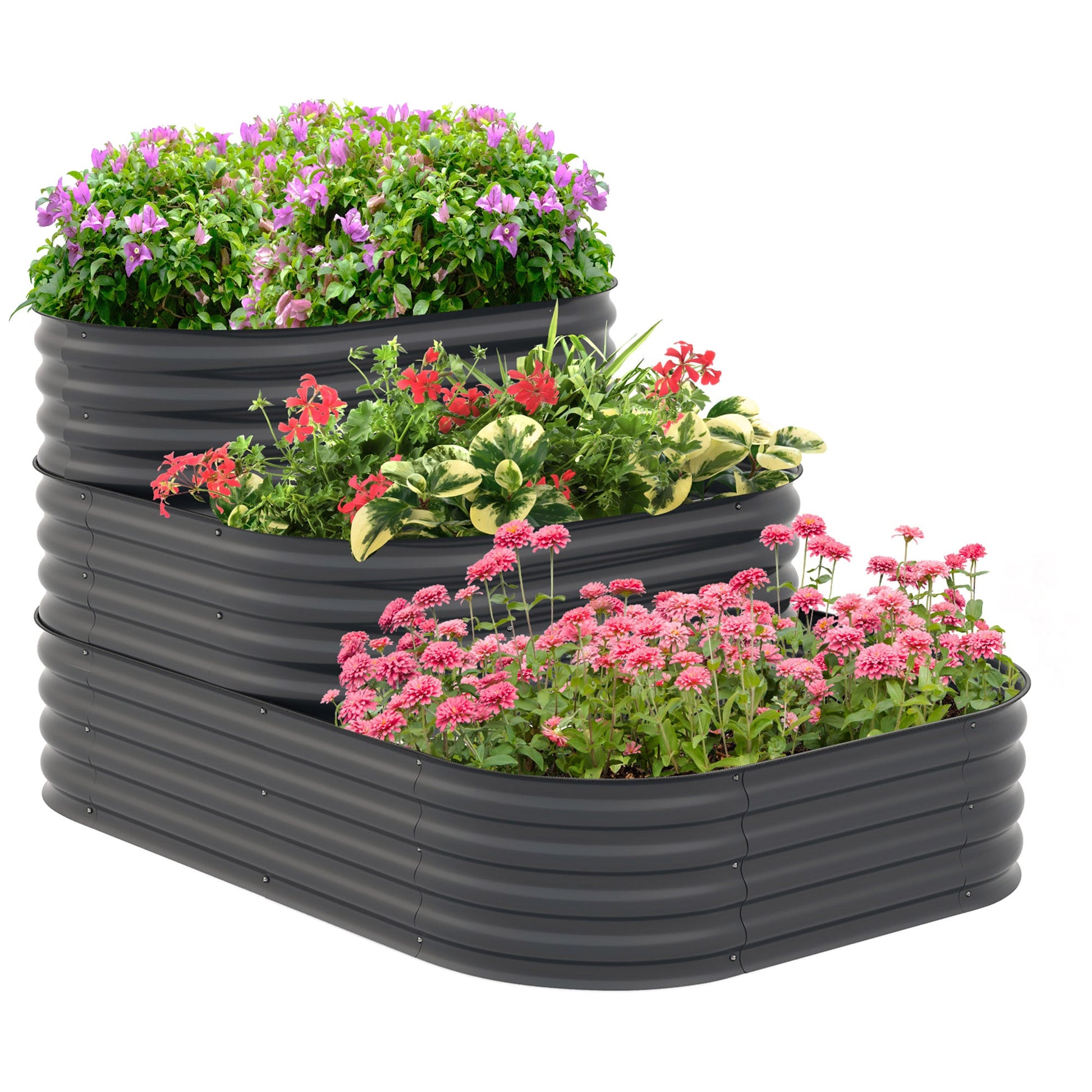 3-Tier Raised Garden Bed Kit, 5.2x3.6x2.7ft Outdoor Galvanized Planter Box with Safety Edging for Vegetables, Flowers, Fruits and Herbs, Dark Grey