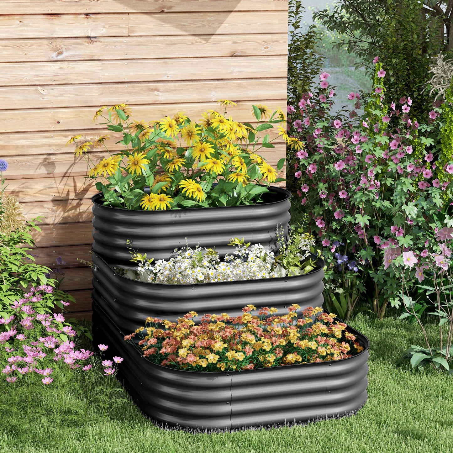 3-Tier Raised Garden Bed Kit, 5.2x3.6x2.7ft Outdoor Galvanized Planter Box with Safety Edging for Vegetables, Flowers, Fruits and Herbs, Dark Grey