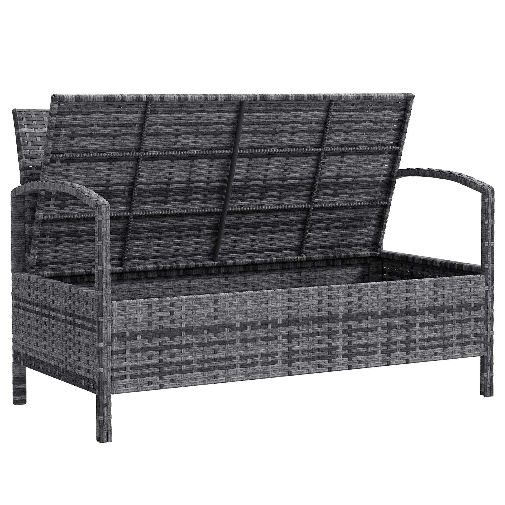 Wicker Outdoor Storage Bench, 33 Gallon PE Rattan Deck Box Seat, 2-Seater Patio Bench with Storage and Cushion for Garden Tools, Balcony, Backyard, Pool, Grey