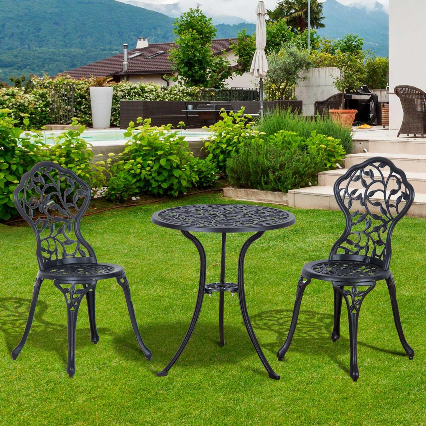3 Pieces Bistro Set, Patio Table and Chairs with Cast Aluminum Frame for Garden, Balcony, Porch, Black