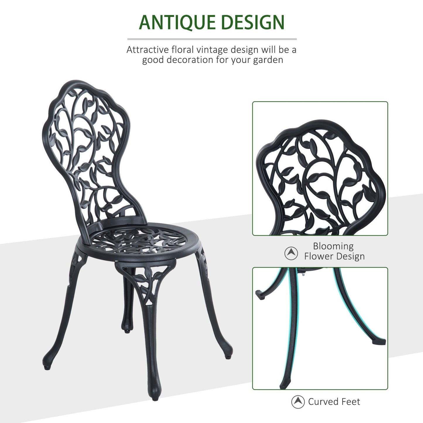 3 Pieces Bistro Set, Patio Table and Chairs with Cast Aluminum Frame for Garden, Balcony, Porch, Black