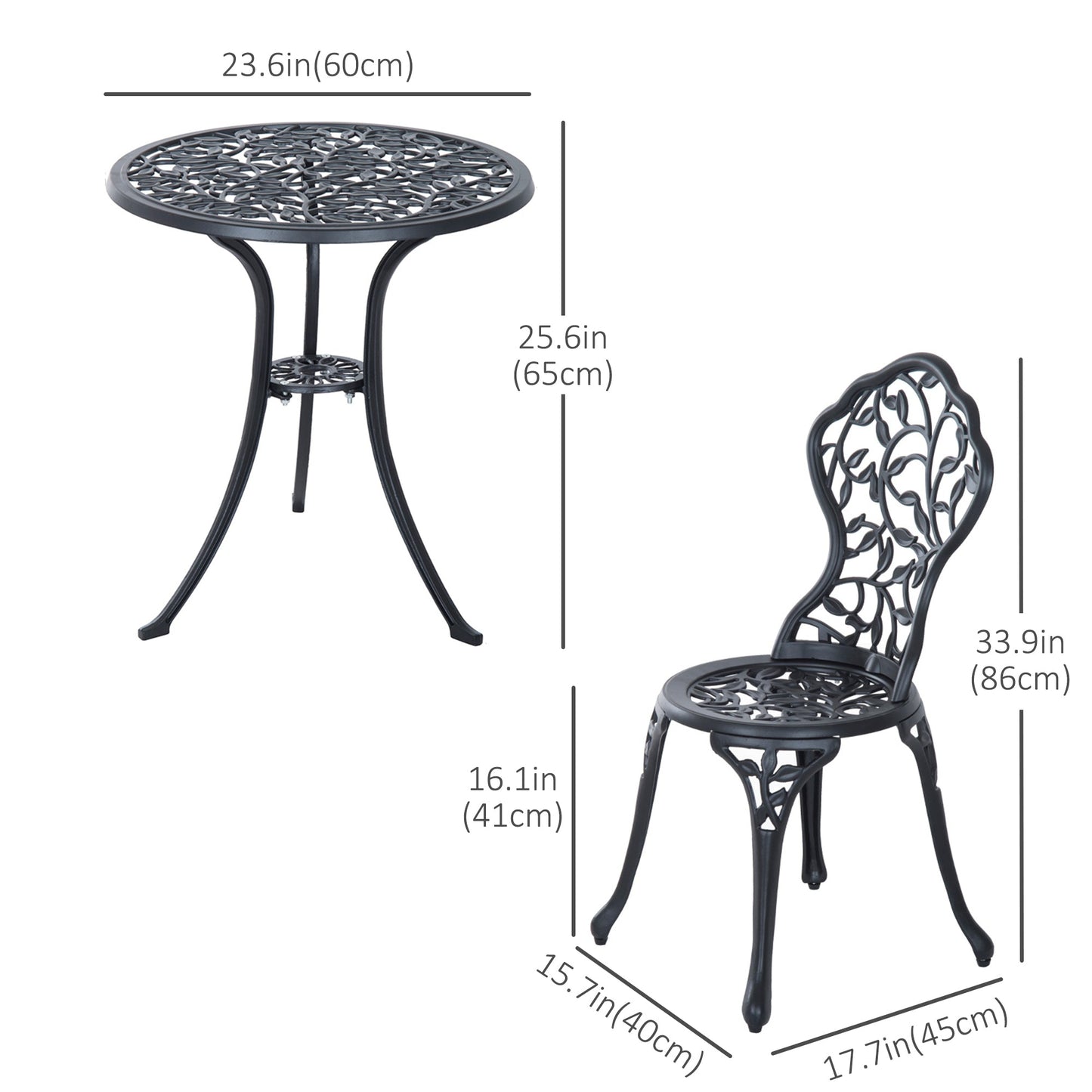 3 Pieces Bistro Set, Patio Table and Chairs with Cast Aluminum Frame for Garden, Balcony, Porch, Black