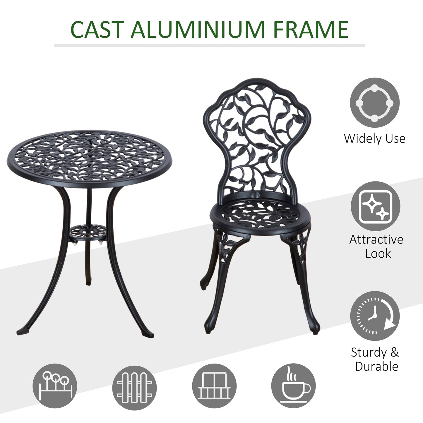 3 Pieces Bistro Set, Patio Table and Chairs with Cast Aluminum Frame for Garden, Balcony, Porch, Black