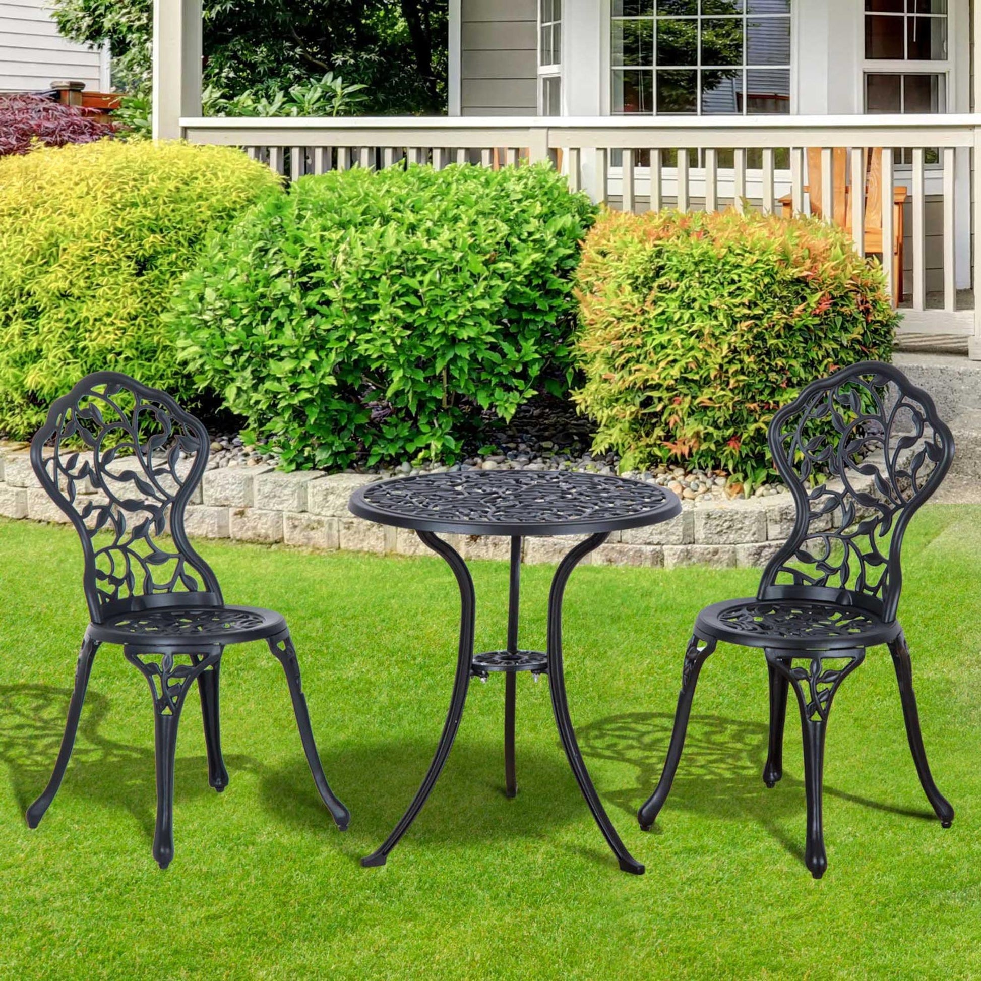 3 Pieces Bistro Set, Patio Table and Chairs with Cast Aluminum Frame for Garden, Balcony, Porch, Black