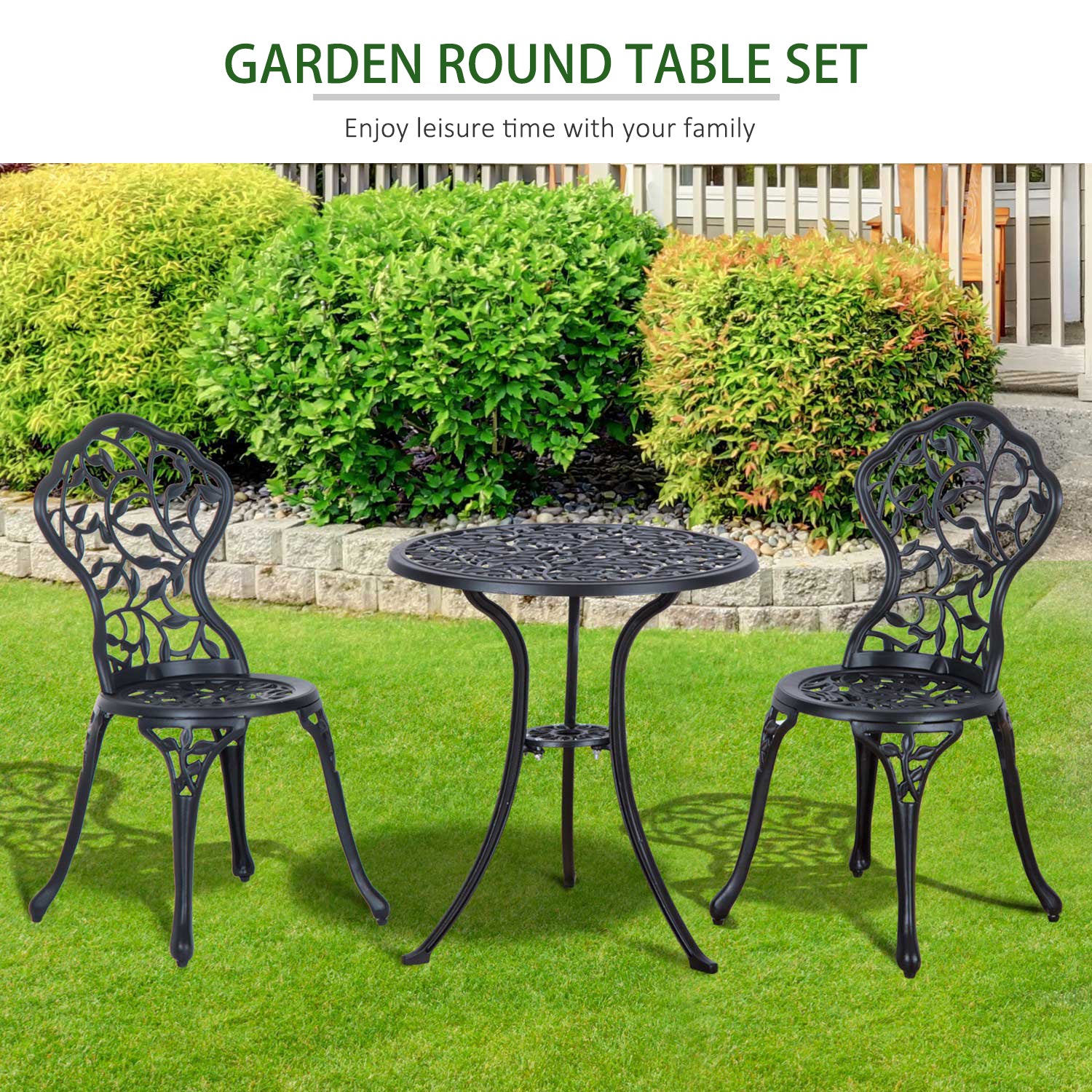 3 Pieces Bistro Set, Patio Table and Chairs with Cast Aluminum Frame for Garden, Balcony, Porch, Black