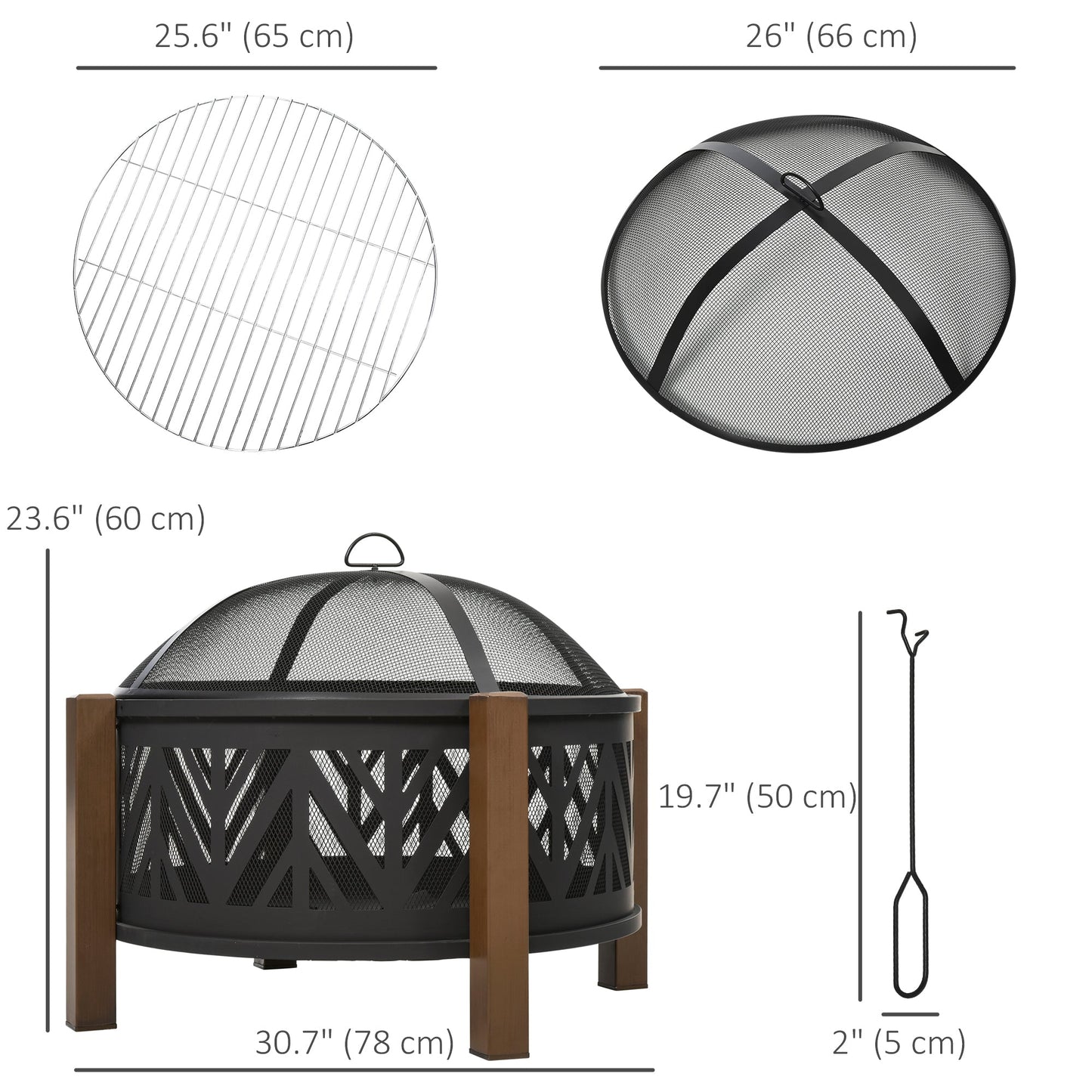 31" Outdoor Fire pit, 2-in-1 Round Fire Pit Brazier with Lid, BBQ Grill, Poker for Backyard, Camping, Bonfire, Wood Burning Stove, Black
