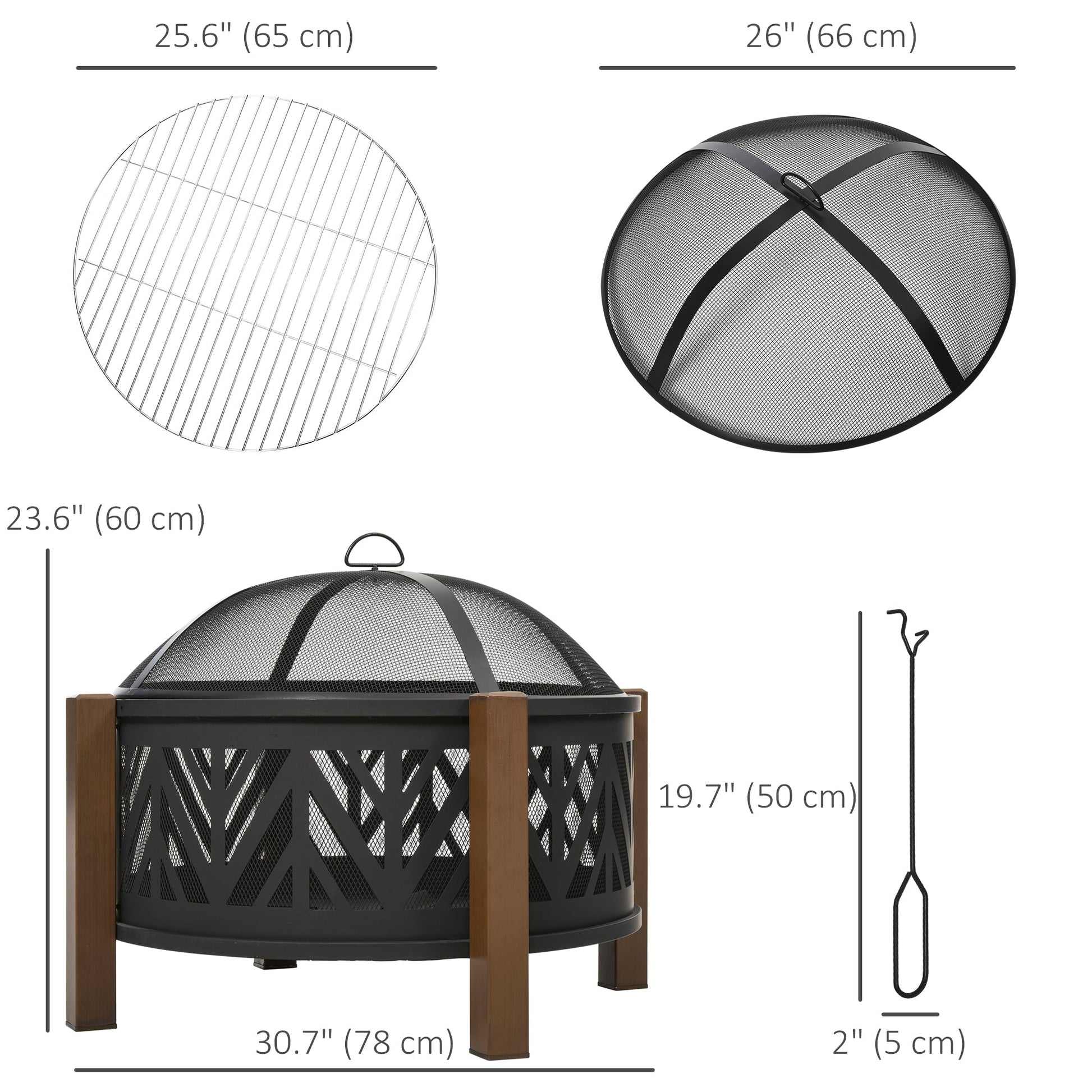 31" Outdoor Fire pit, 2-in-1 Round Fire Pit Brazier with Lid, BBQ Grill, Poker for Backyard, Camping, Bonfire, Wood Burning Stove, Black