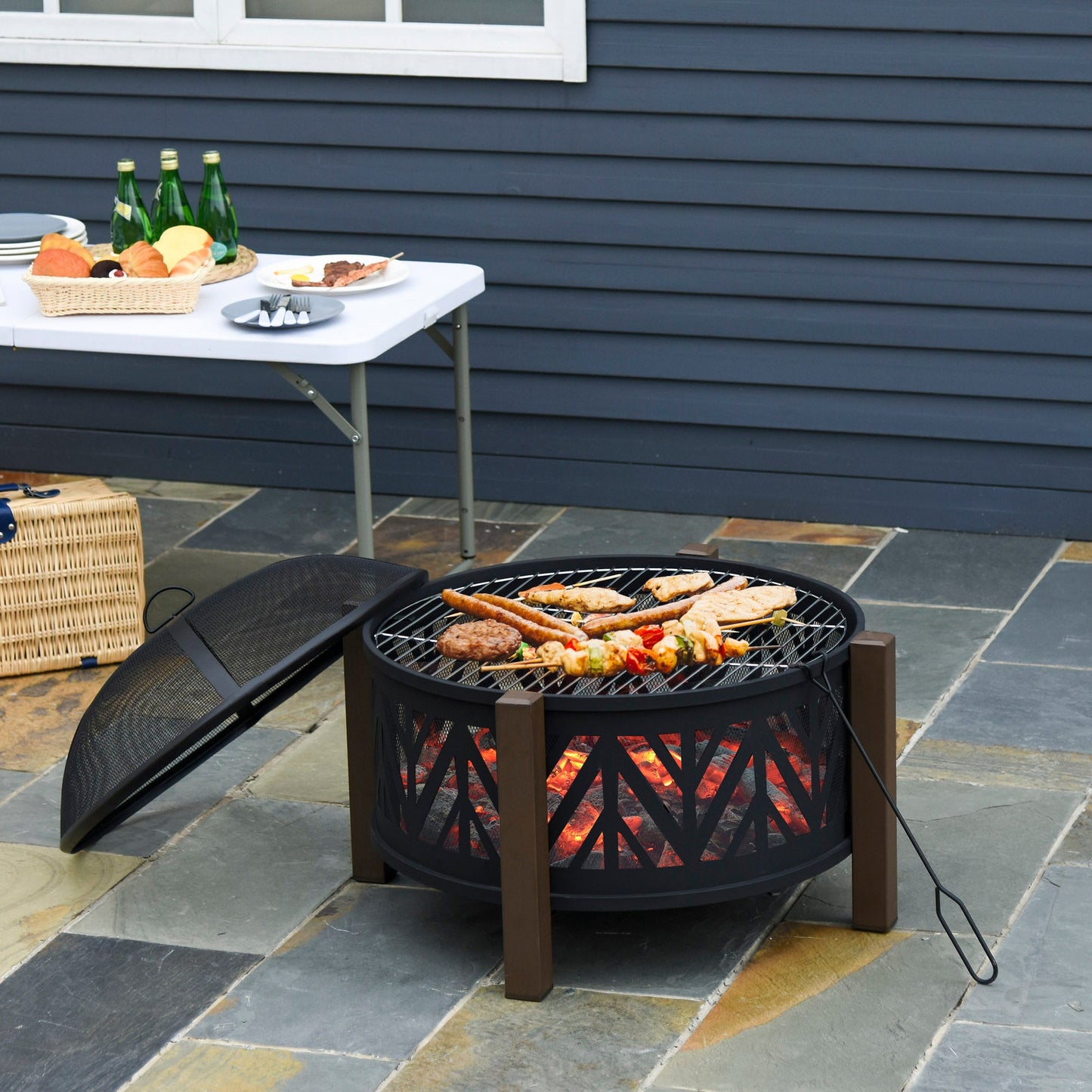 31" Outdoor Fire pit, 2-in-1 Round Fire Pit Brazier with Lid, BBQ Grill, Poker for Backyard, Camping, Bonfire, Wood Burning Stove, Black