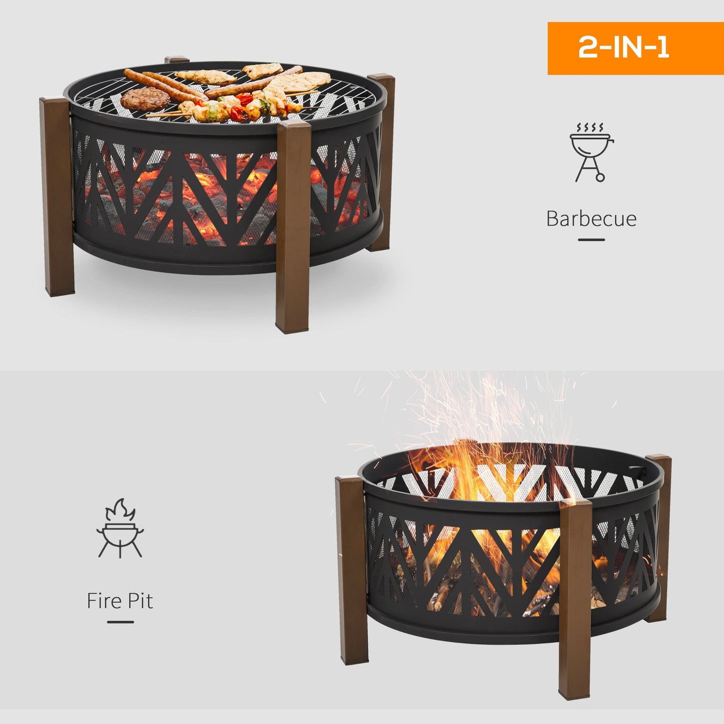 31" Outdoor Fire pit, 2-in-1 Round Fire Pit Brazier with Lid, BBQ Grill, Poker for Backyard, Camping, Bonfire, Wood Burning Stove, Black