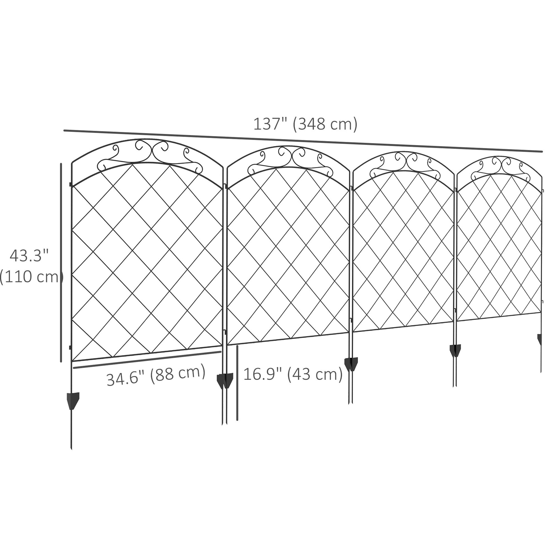 Garden Fence, 4 Pack Steel Fence Panels, 11.4' L x 43" H, Rust-Resistant Animal Barrier, Decorative Border Flower Edging for Yard, Patio, Outdoor Decor, Swirl Vines