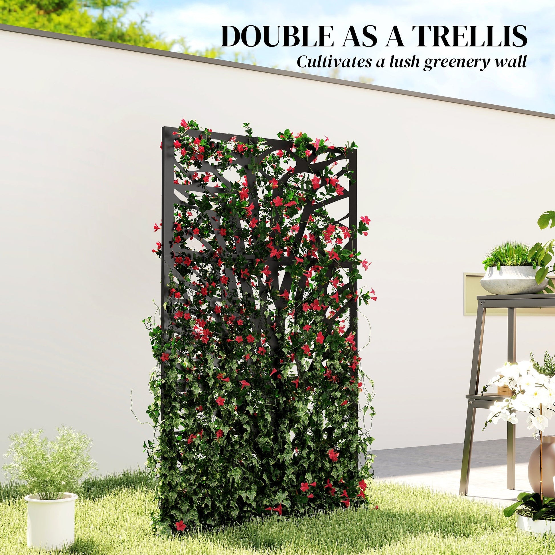 Metal Outdoor Privacy Screen, 72" x 38" Freestanding Outdoor Divider, Wall-Mounted Decorative Panel with Trunk Cut-out Design for Garden Patio Backyard, Black