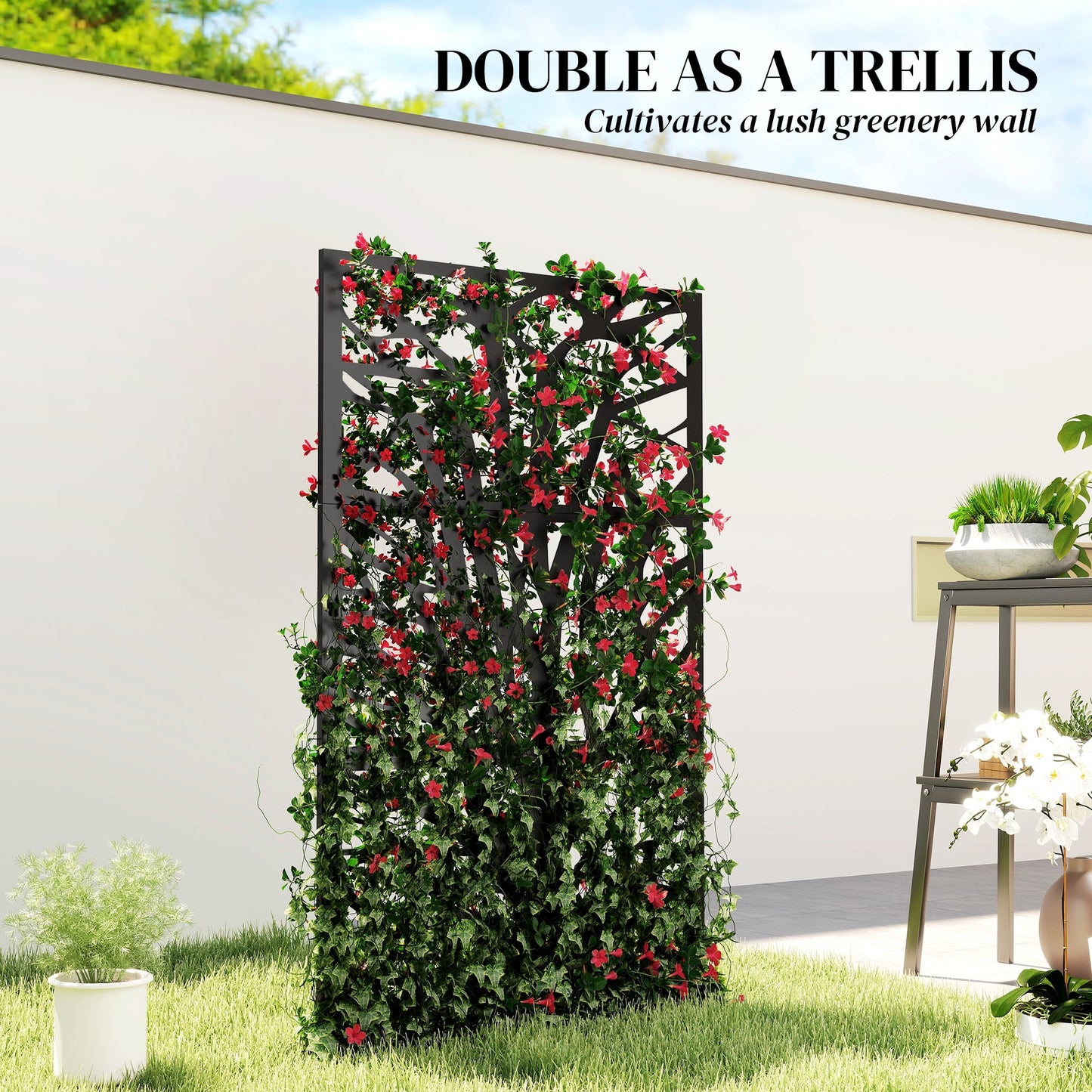 Metal Outdoor Privacy Screen, 72" x 38" Freestanding Outdoor Divider, Wall-Mounted Decorative Panel with Trunk Cut-out Design for Garden Patio Backyard, Black