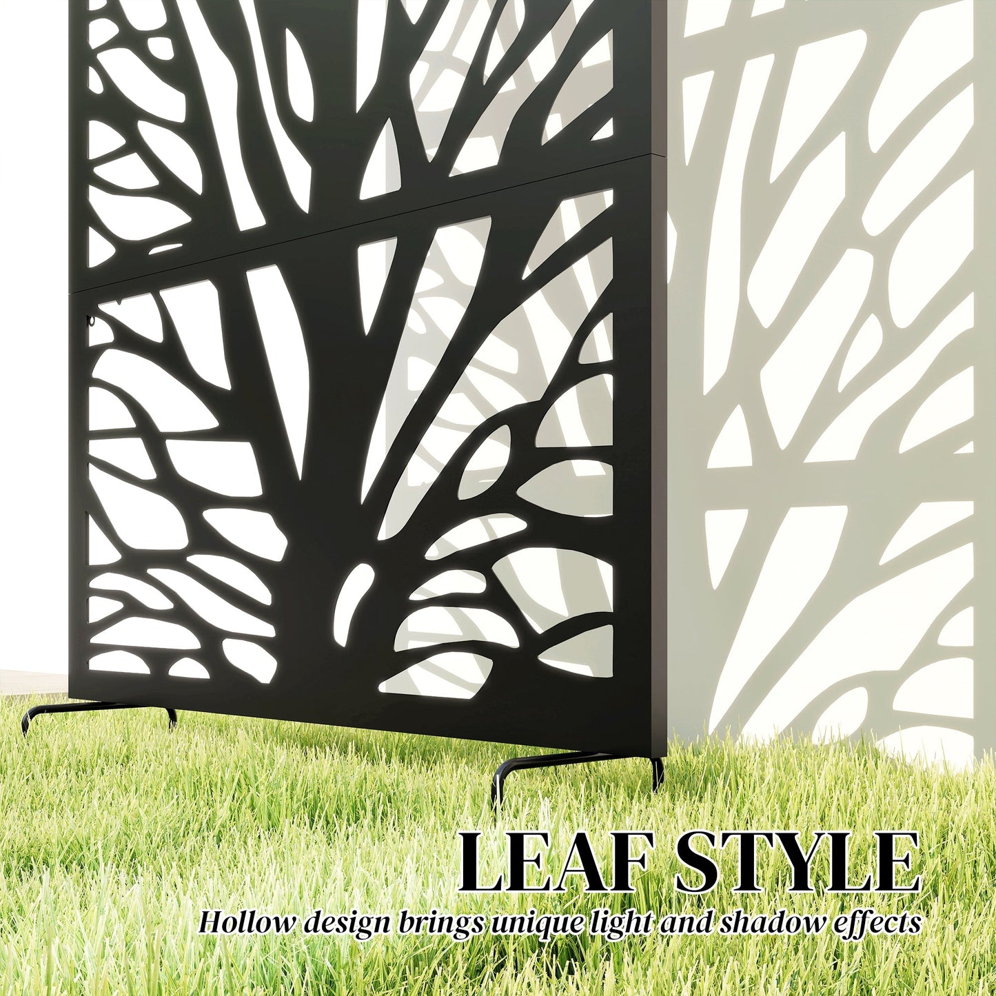 Metal Outdoor Privacy Screen, 72" x 38" Freestanding Outdoor Divider, Wall-Mounted Decorative Panel with Trunk Cut-out Design for Garden Patio Backyard, Black