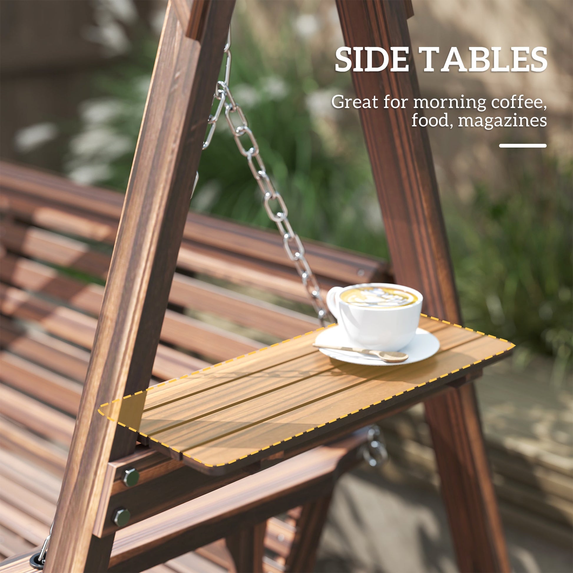 3 Seat Porch Swing with Stand, Wooden Patio Swing Chair with Side Tables and Metal Chains, Outdoor Swing Bench for Garden, Poolside, Backyard, Carbonized Brown