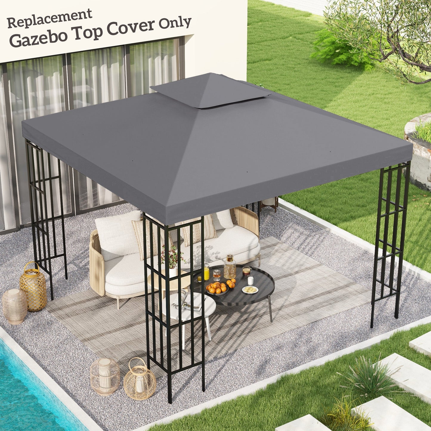 9.8' x 9.8' Square 2-Tier Gazebo Canopy Replacement Top Cover Outdoor Garden Sun Shade, Dark Grey