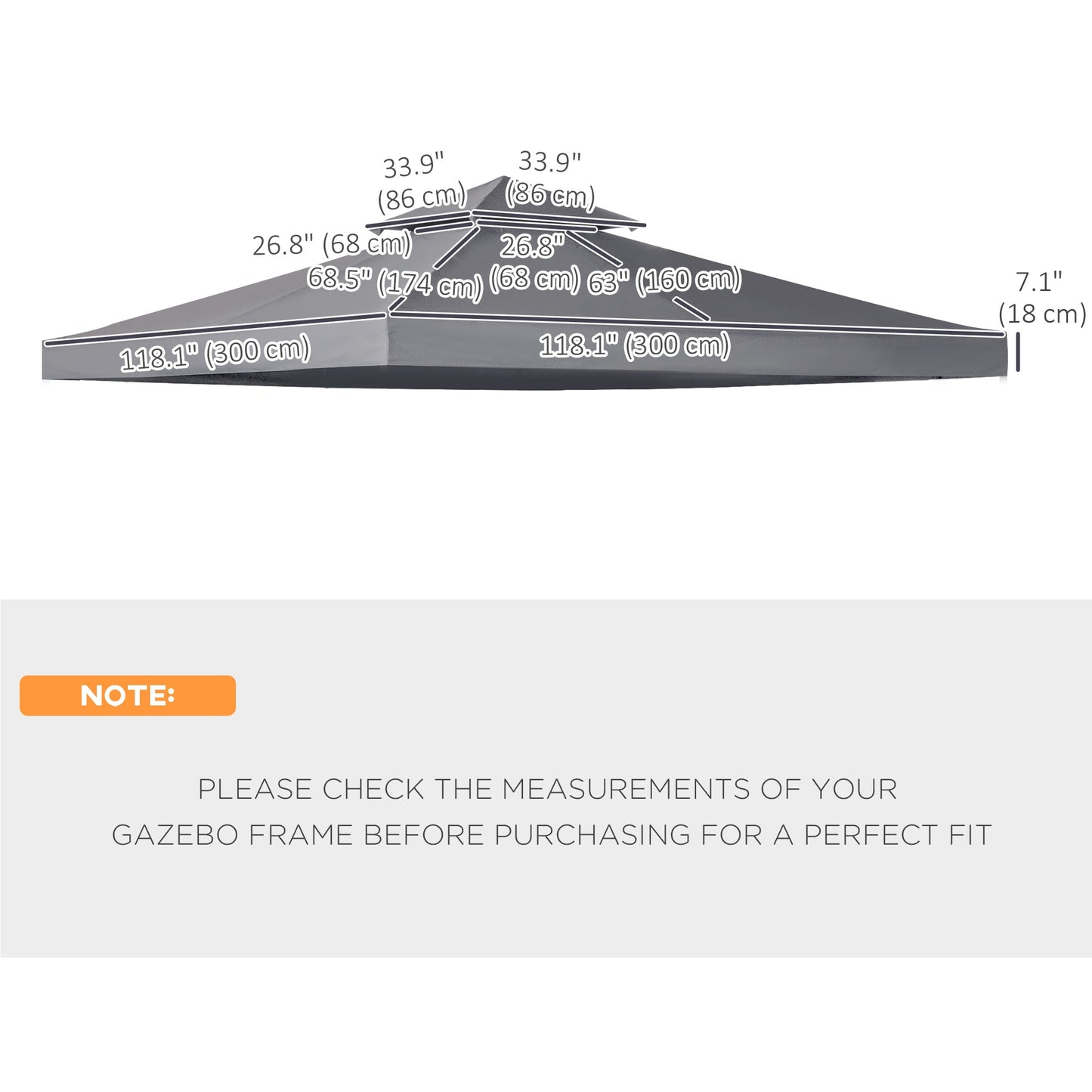 9.8' x 9.8' Square 2-Tier Gazebo Canopy Replacement Top Cover Outdoor Garden Sun Shade, Dark Grey
