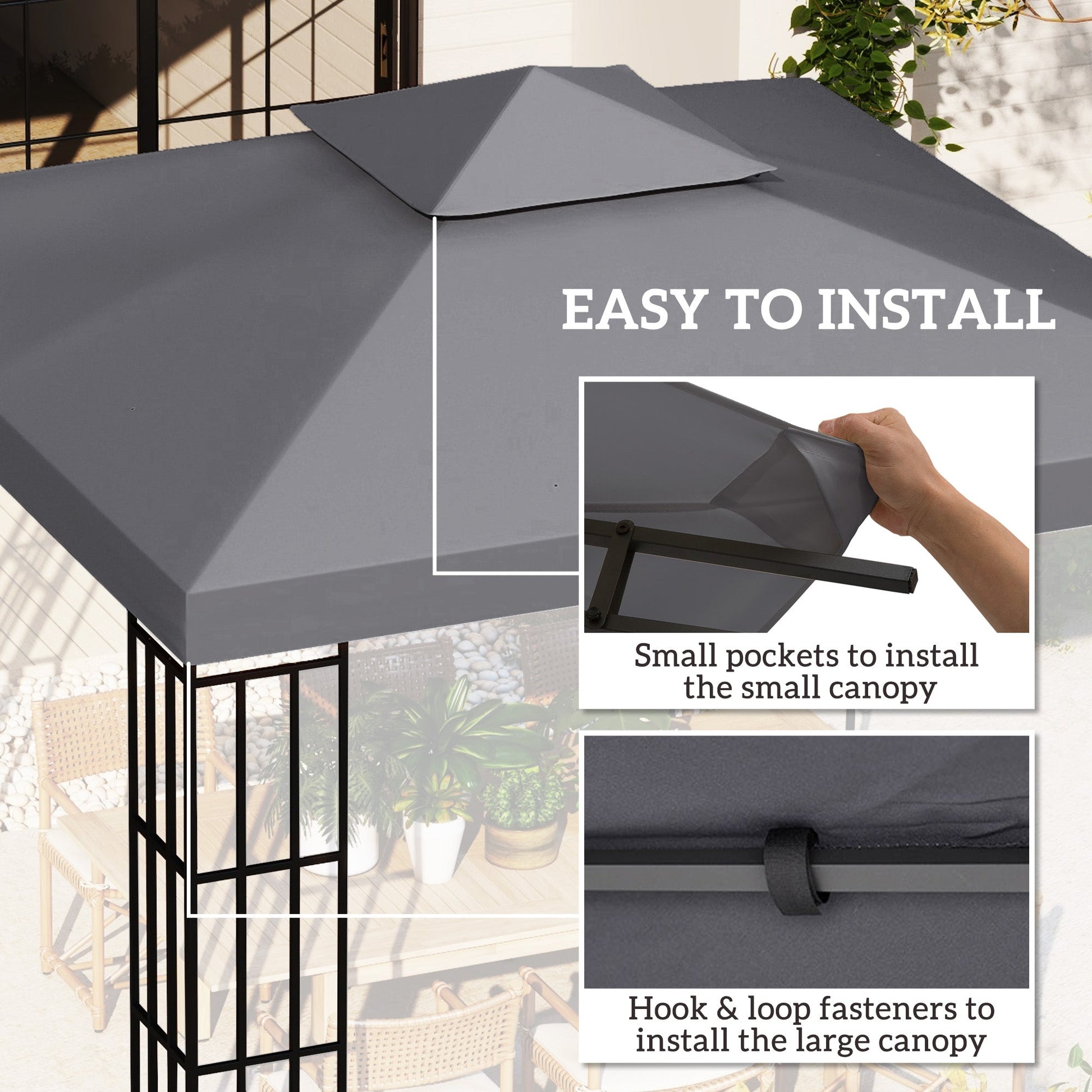 9.8' x 9.8' Square 2-Tier Gazebo Canopy Replacement Top Cover Outdoor Garden Sun Shade, Dark Grey