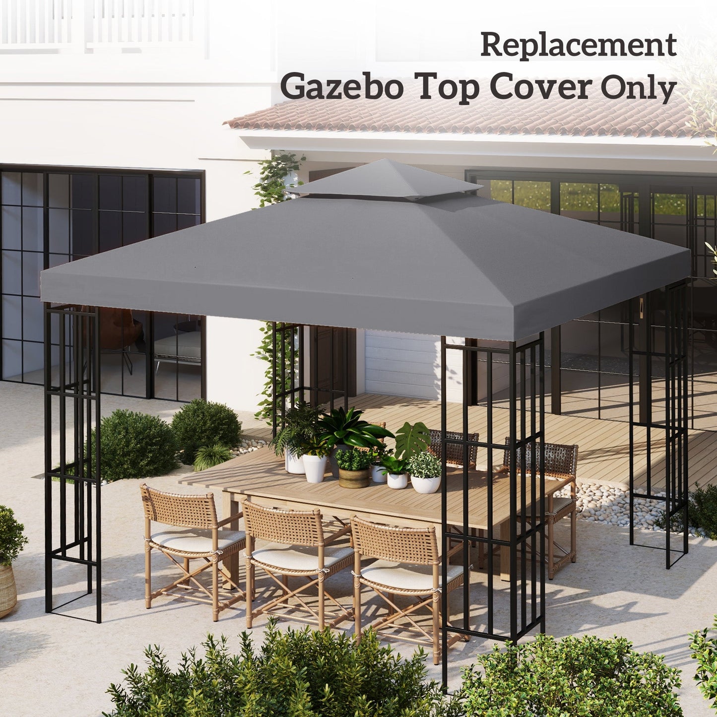 9.8' x 9.8' Square 2-Tier Gazebo Canopy Replacement Top Cover Outdoor Garden Sun Shade, Dark Grey