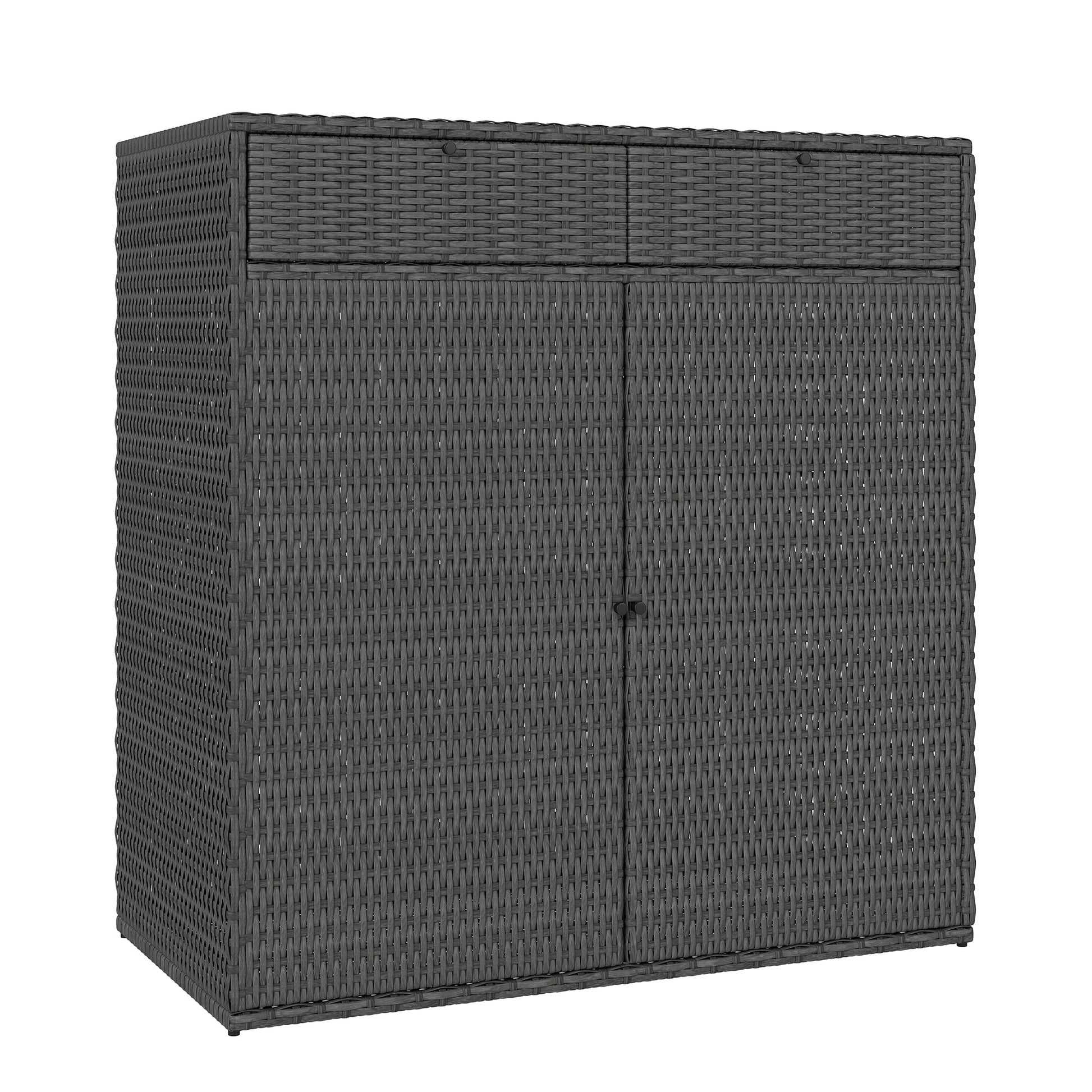 Wicker Outdoor Storage Cabinet, Double Door Patio Storage Cabinet with 2 Drawers and 2-Tier Shelves, PE Rattan Towel Rack Outdoor for Pool Garden Yard, Dark Grey