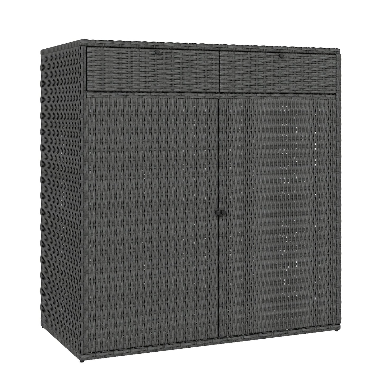 Wicker Outdoor Storage Cabinet, Double Door Patio Storage Cabinet with 2 Drawers and 2-Tier Shelves, PE Rattan Towel Rack Outdoor for Pool Garden Yard, Dark Grey