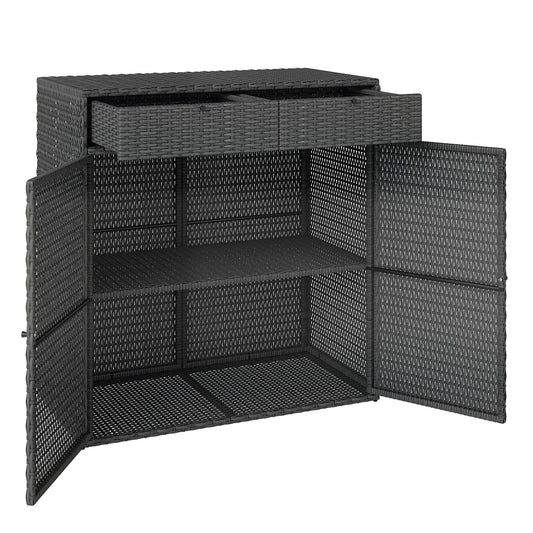 Wicker Outdoor Storage Cabinet, Double Door Patio Storage Cabinet with 2 Drawers and 2-Tier Shelves, PE Rattan Towel Rack Outdoor for Pool Garden Yard, Dark Grey